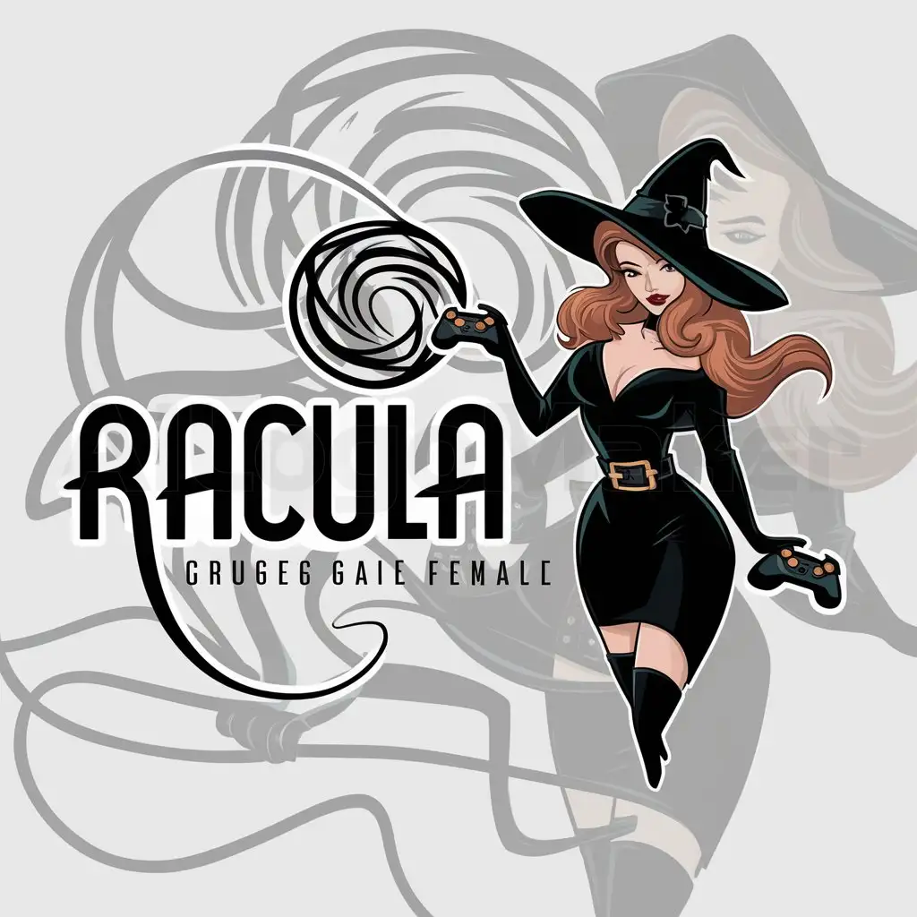LOGO-Design-For-Racula-Mysterious-Brunette-Witch-Gamer-with-Magical-Elements-on-Clear-Background