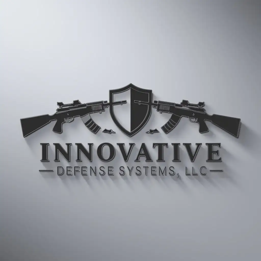 a logo design,with the text "Innovative Defense Systems, LLC", main symbol:["rifle","rifle","shield"],Moderate,clear background