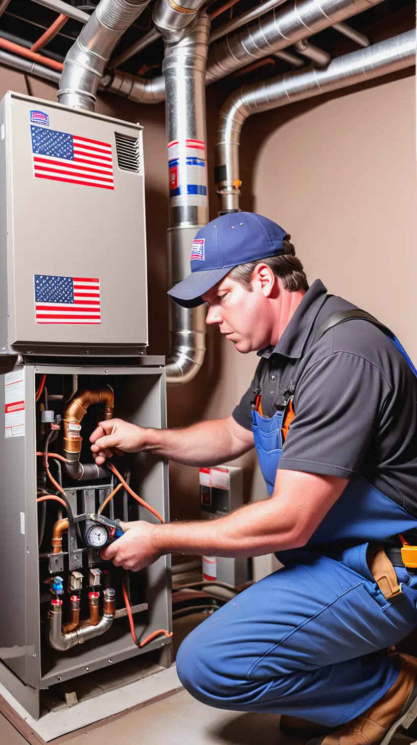 American Worker Fixing Furnace for Home Heating