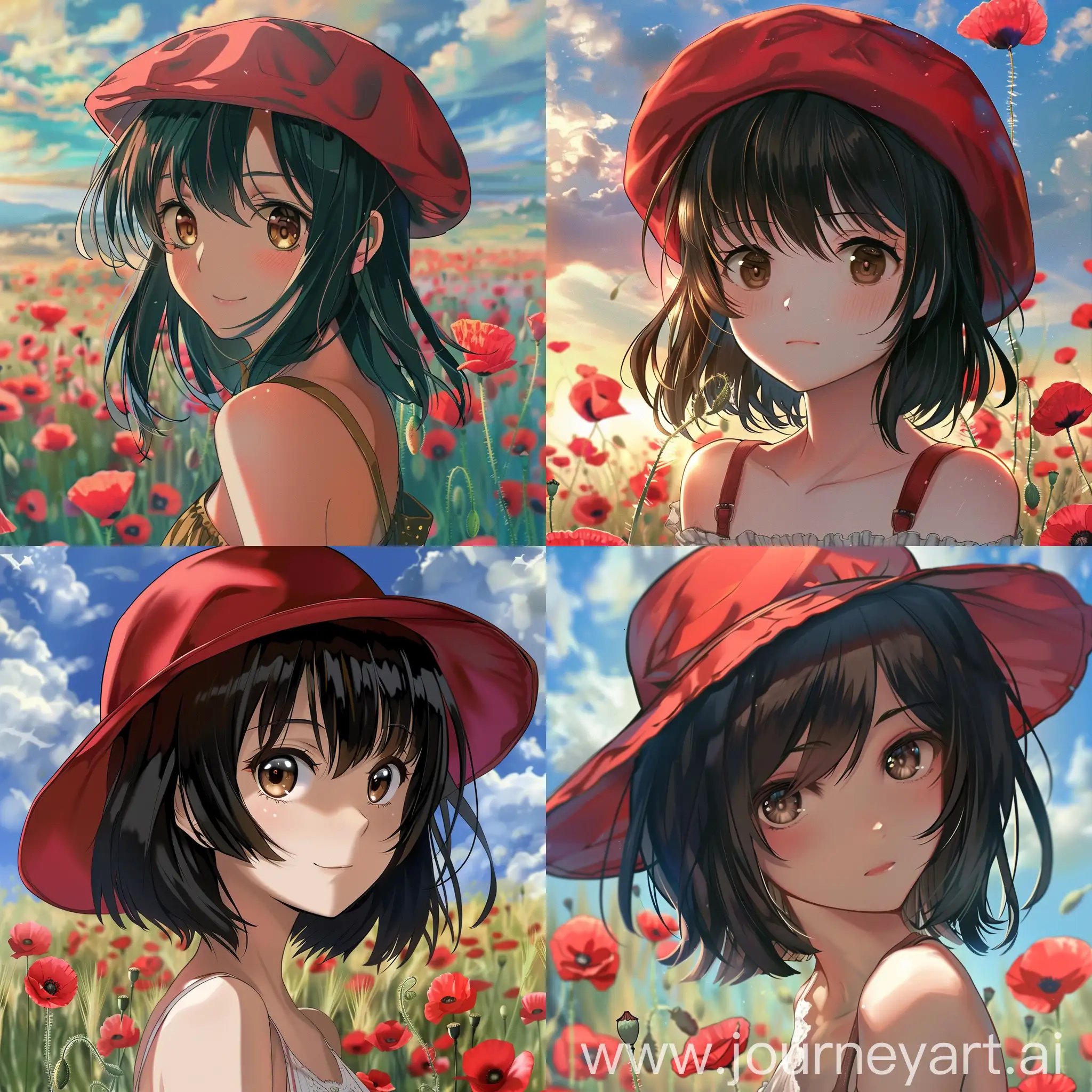 Аниме девушка с черными волосами, карими глазами, в красной шапке на фоне макового поля