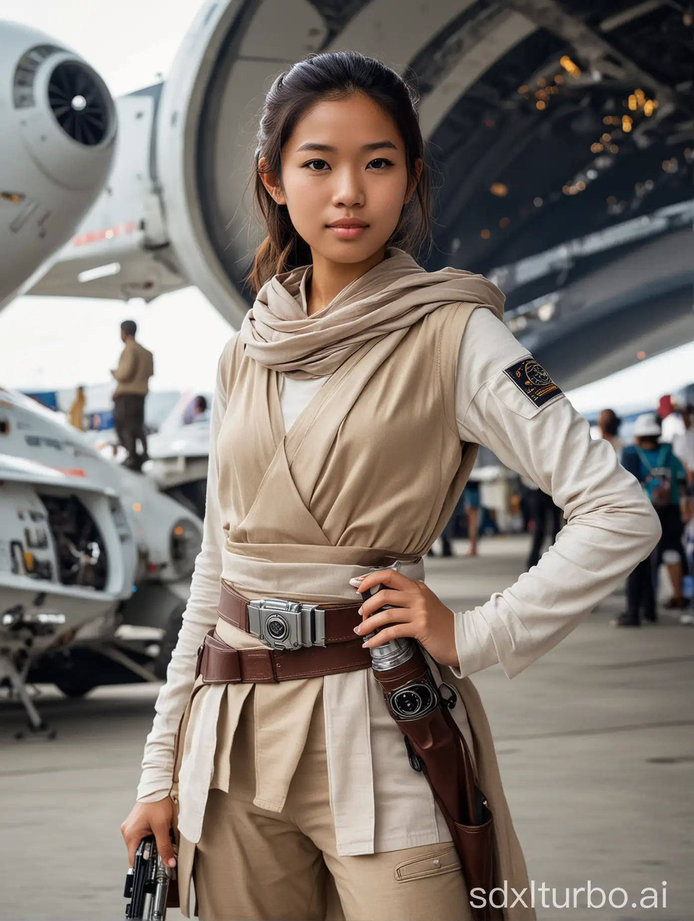 jedi girl, age 16, southeast Asian, at a spaceport