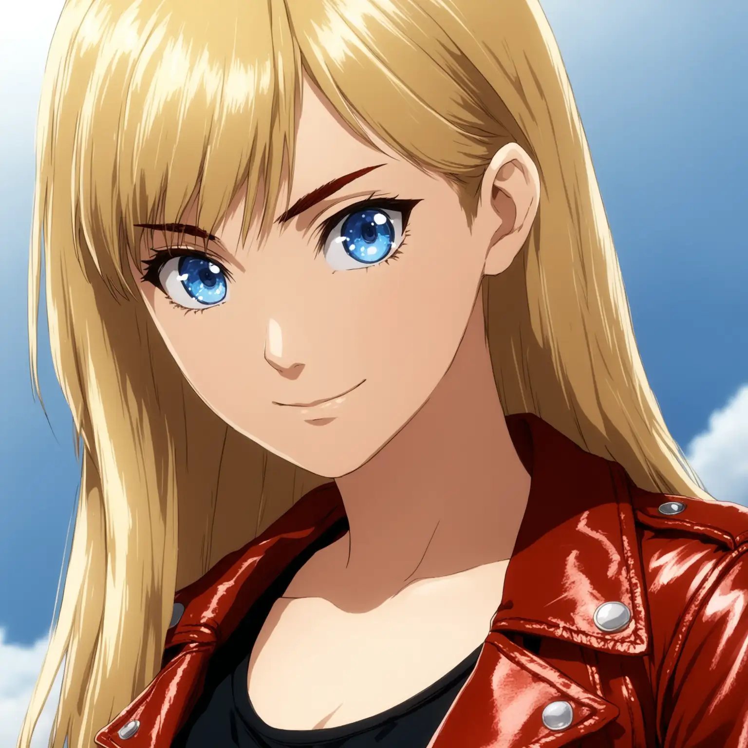 Young Woman in Red Leather Jacket Anime Style Portrait with Blonde Hair
