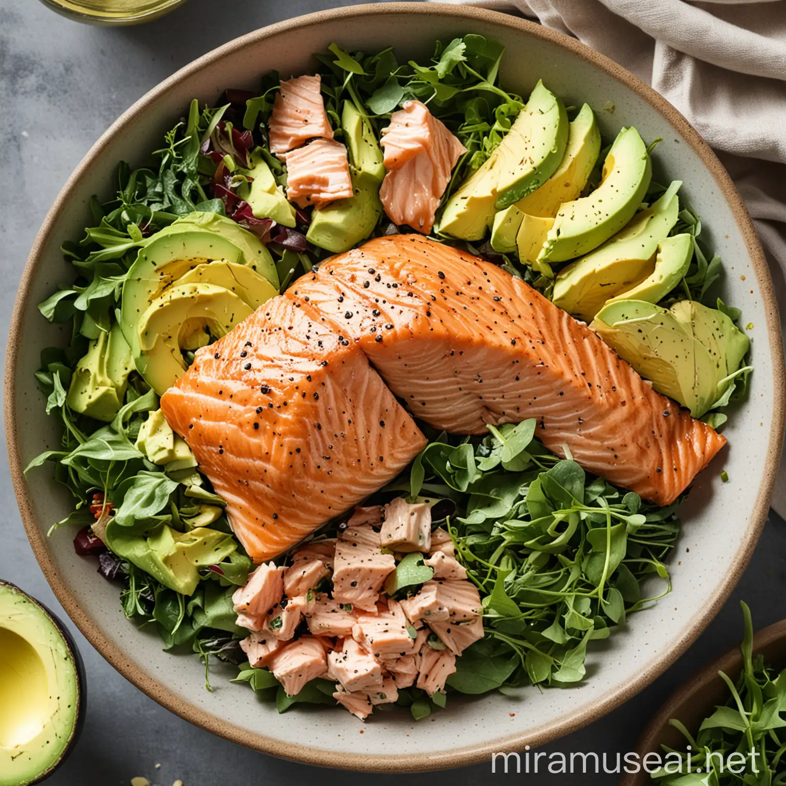 A picture of a delicious salmon salad bowl, featuring mixed greens, avocado, and a salmon fillet.

