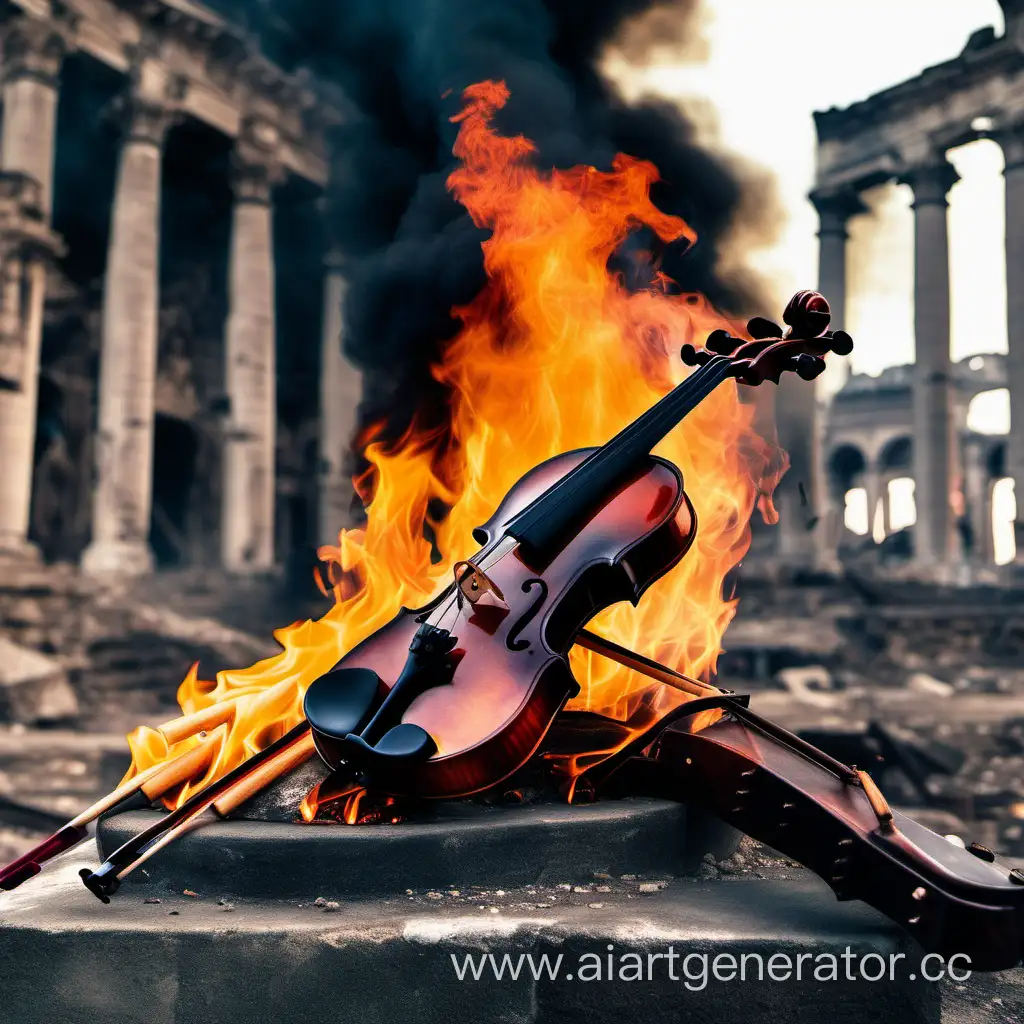 горящая скрипка, дым, на фоне руин