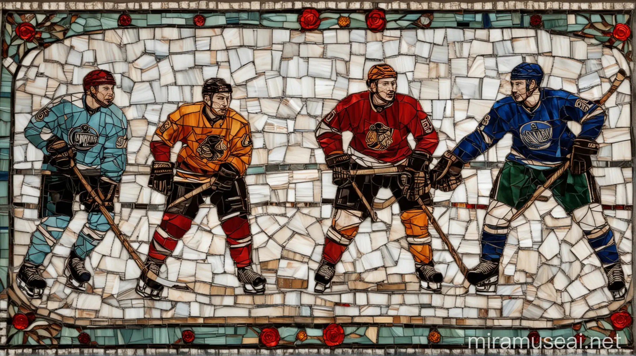 Витражная мозайка, на ней изображены хоккеисты играющие в хоккей
