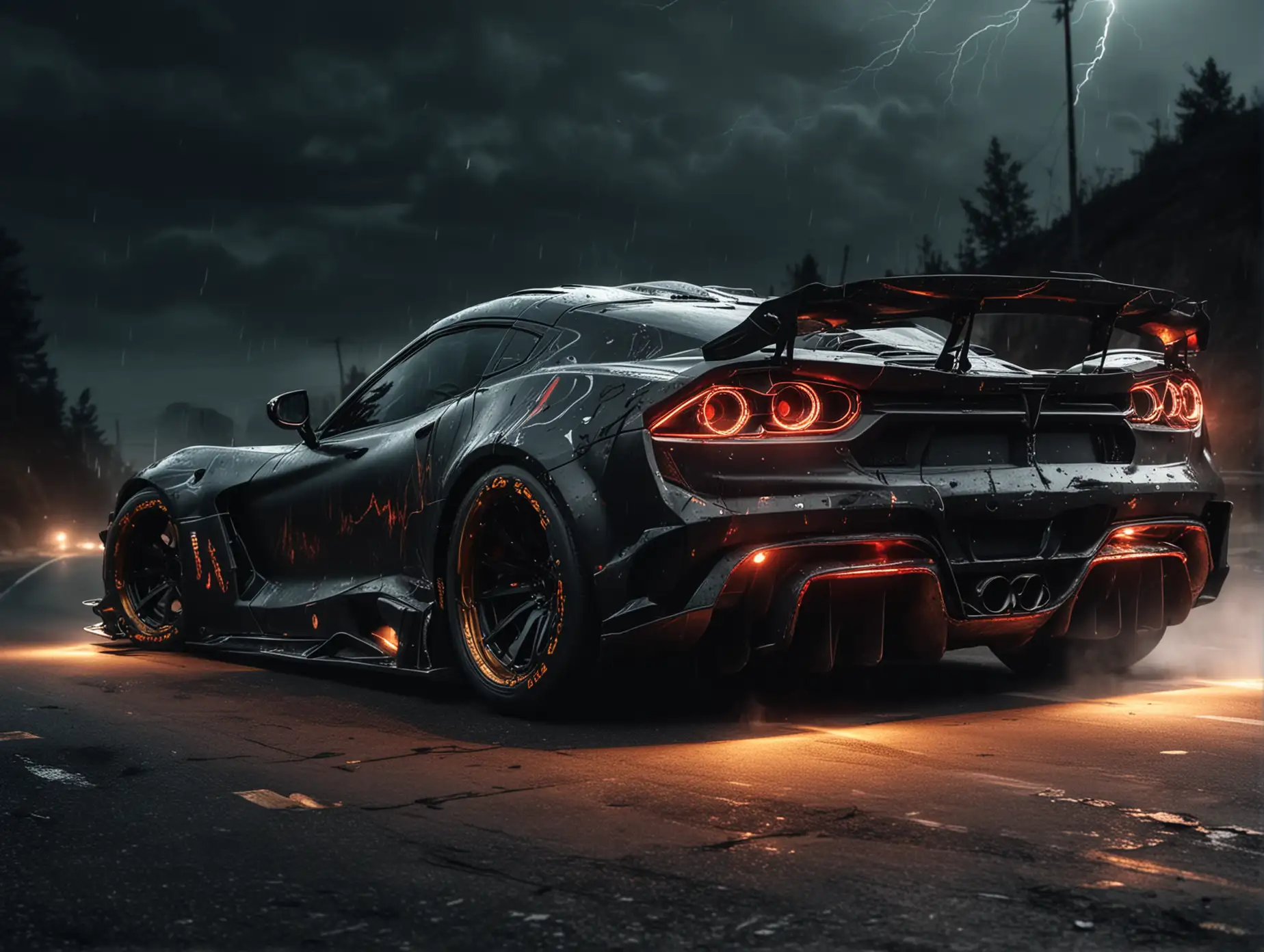 Create futuristic sport cars tuning type Evil like venom with big Wells drifting at night on Downhill background metallic black dark color rear view from far away lightning marks on the body of car add  lightning marks 