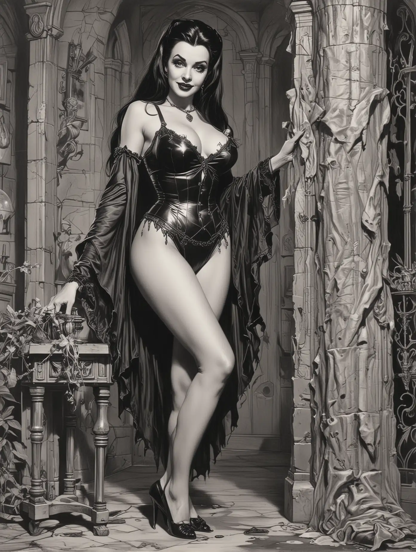 Lily Munster Portrayed in Neal Adams Style with Emphasis on Legs