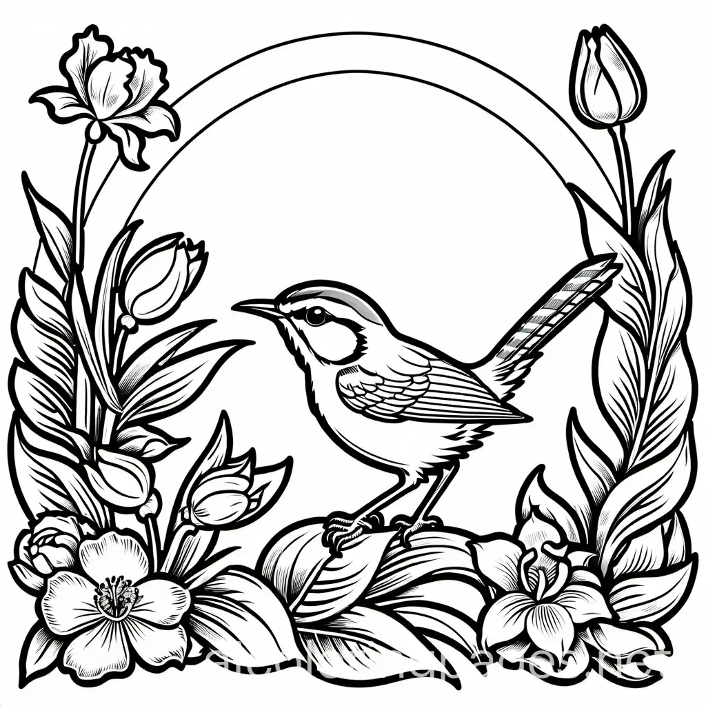 carolina wren with iris,lavender,daisy,orchid ,tulips,marigold and roses
, Coloring Page, black and white, line art, white background, Simplicity, Ample White Space. The background of the coloring page is plain white to make it easy for young children to color within the lines. The outlines of all the subjects are easy to distinguish, making it simple for kids to color without too much difficulty