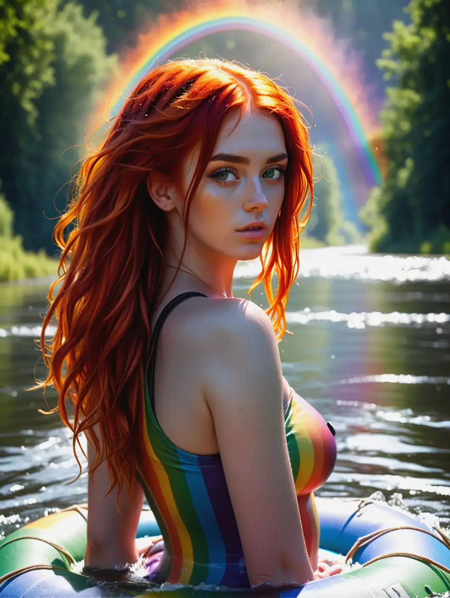Красивая река,по ней плавает плот,на плоту очень красивая девушка с огненными волосами,она плавает во врата радуги 