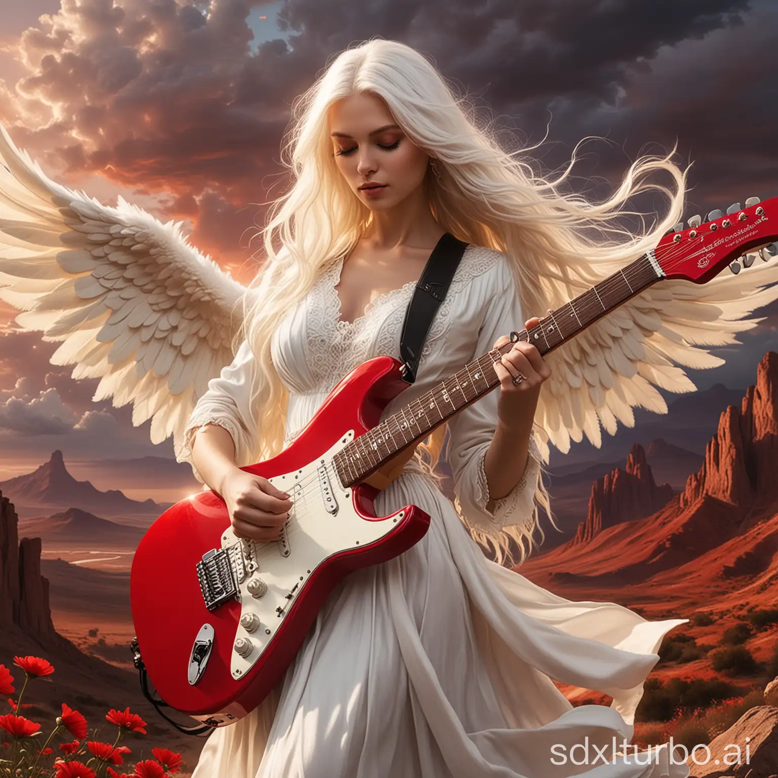 A very detailed, sharp, gorgeous, white long-haired angel playing a red Stratocaster electric guitar in a heavenly scenery