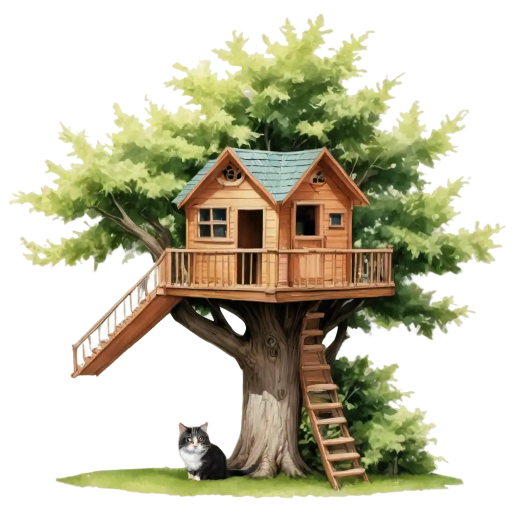 Tree house and cat under the tree
