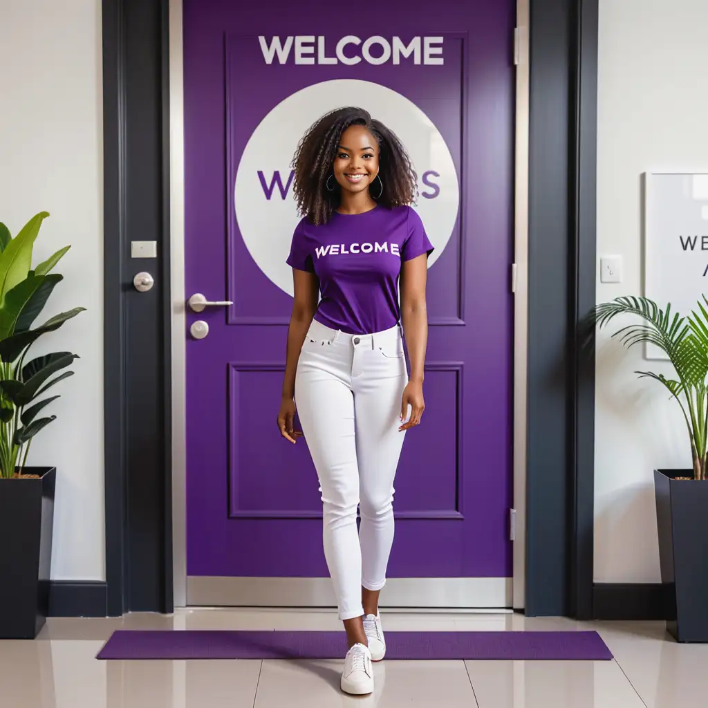 create a realistic and vibrant aura image of a beautiful black female in her 30s styles a chic ensemble pairing white jeans with white sneakers and an a dark purple top and wearing a 12 inch bone straight hair. Facing the camera with smile standing in front of an expensive office door, she admires the immaculately designed signage with a text 'Welcome to PSAS'
