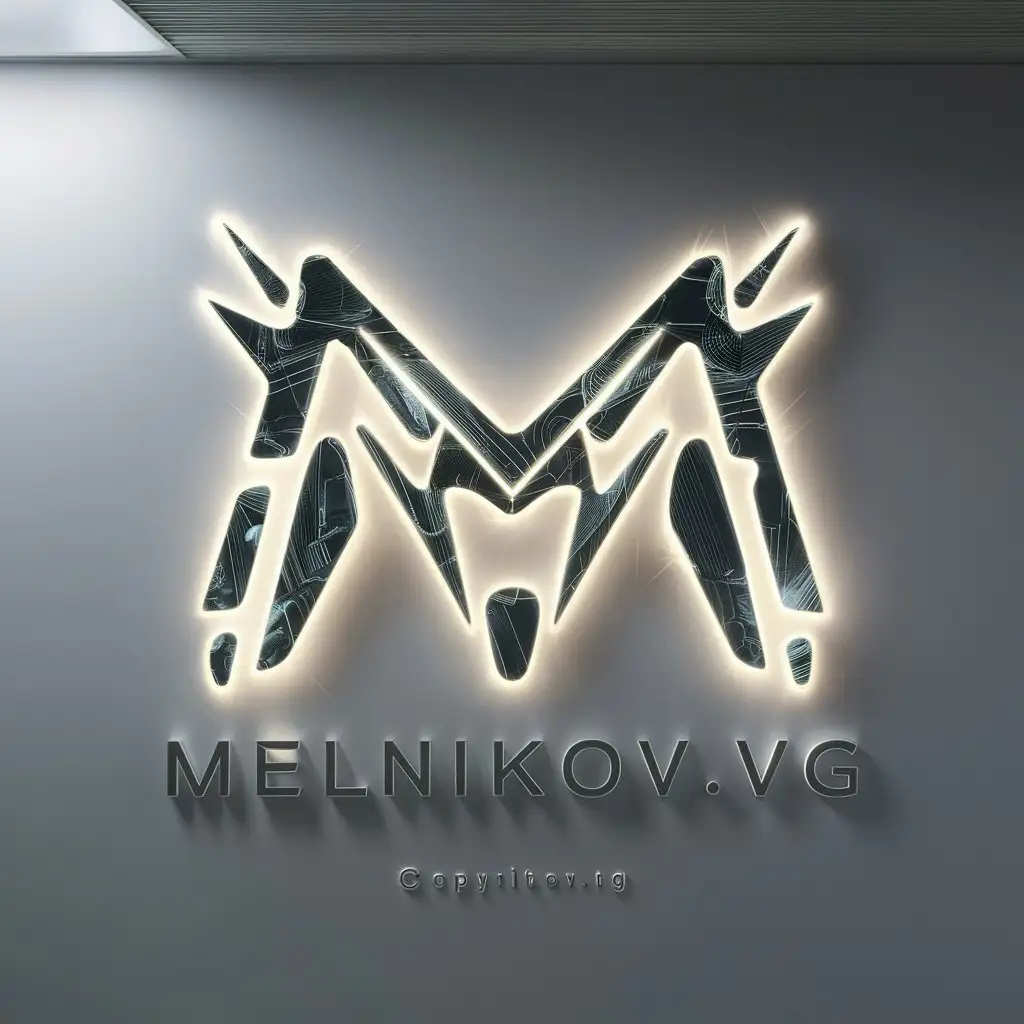 Analog logo 'Melnikov.VG', authorial style 'Paradoxical Reality of Optimal Minimum Luminescent Design Technology' background white, © Melnikov.VG, melnikov.vg