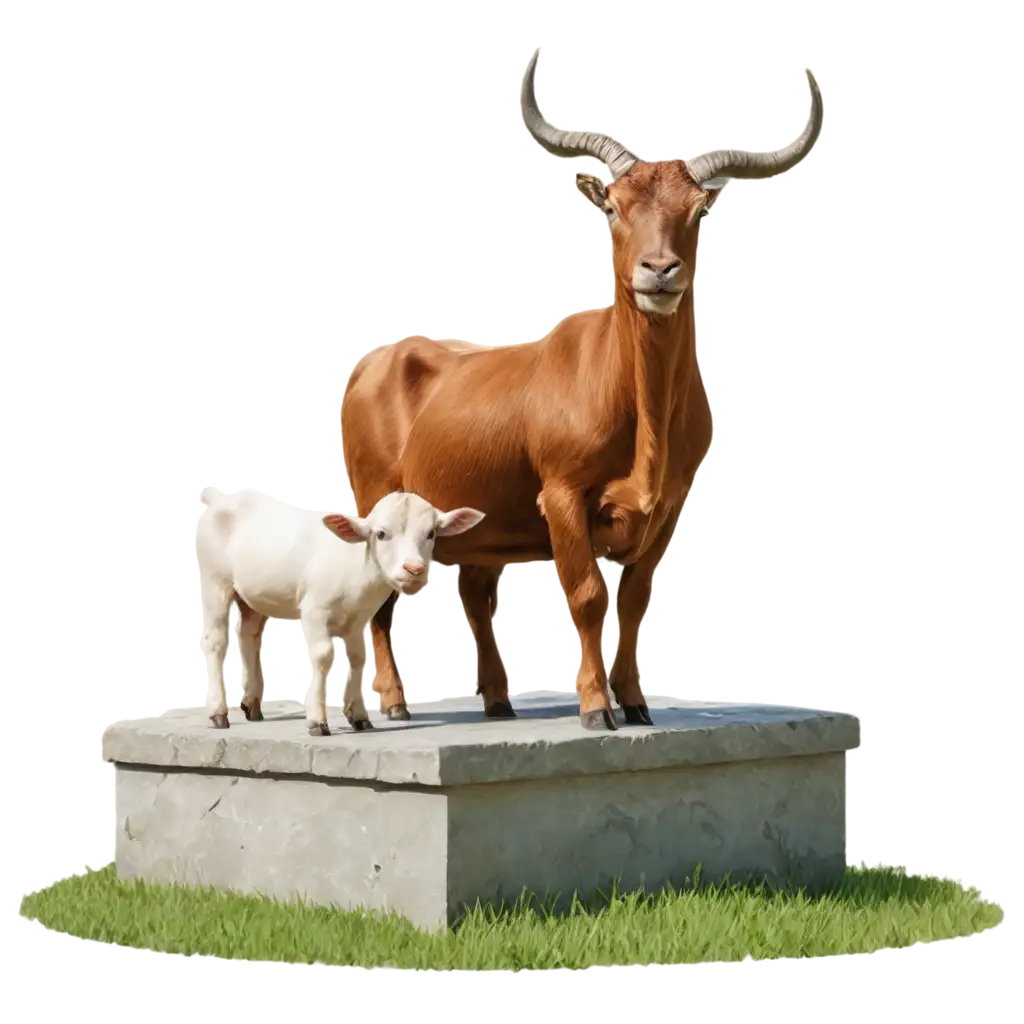 PNG-Image-Cows-and-Goats-on-Stone-Podium-in-Green-Field-for-Sunny-Weather-Presentation