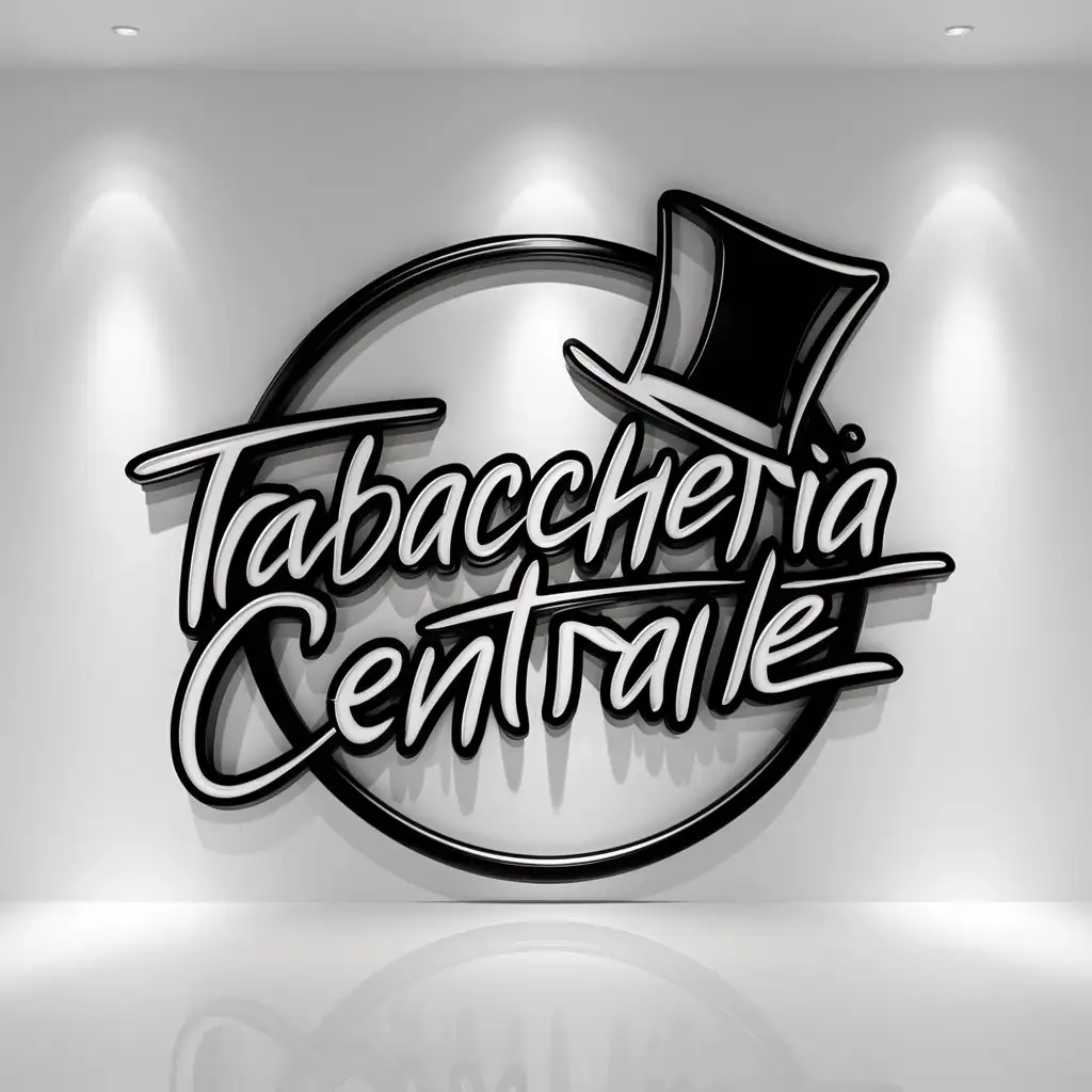 A circular logo without Shadows. Graffiti style text ”Tabaccheria Centrale" with a top hat on it. No background. White background . Black and White . Fine font outline