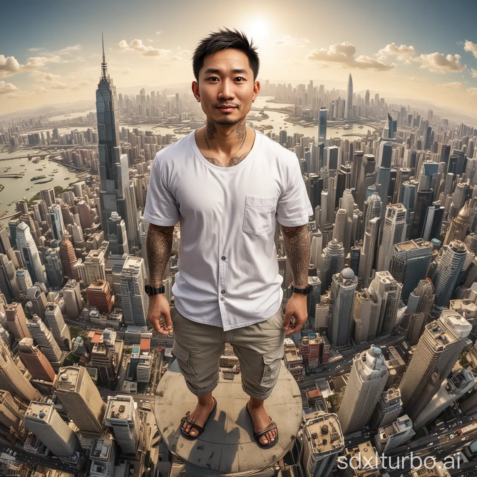 Hyperrealistic-4D-Caricature-Asian-Man-on-Tallest-Building-with-Cityscape-Background