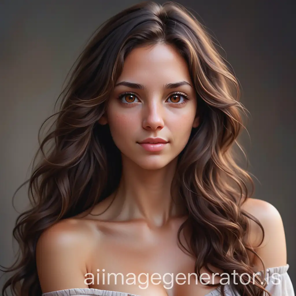 avatar of a girl, 32 years old, long brown wavy hair, brown eyes, oval face. very attractive. bare shoulders.