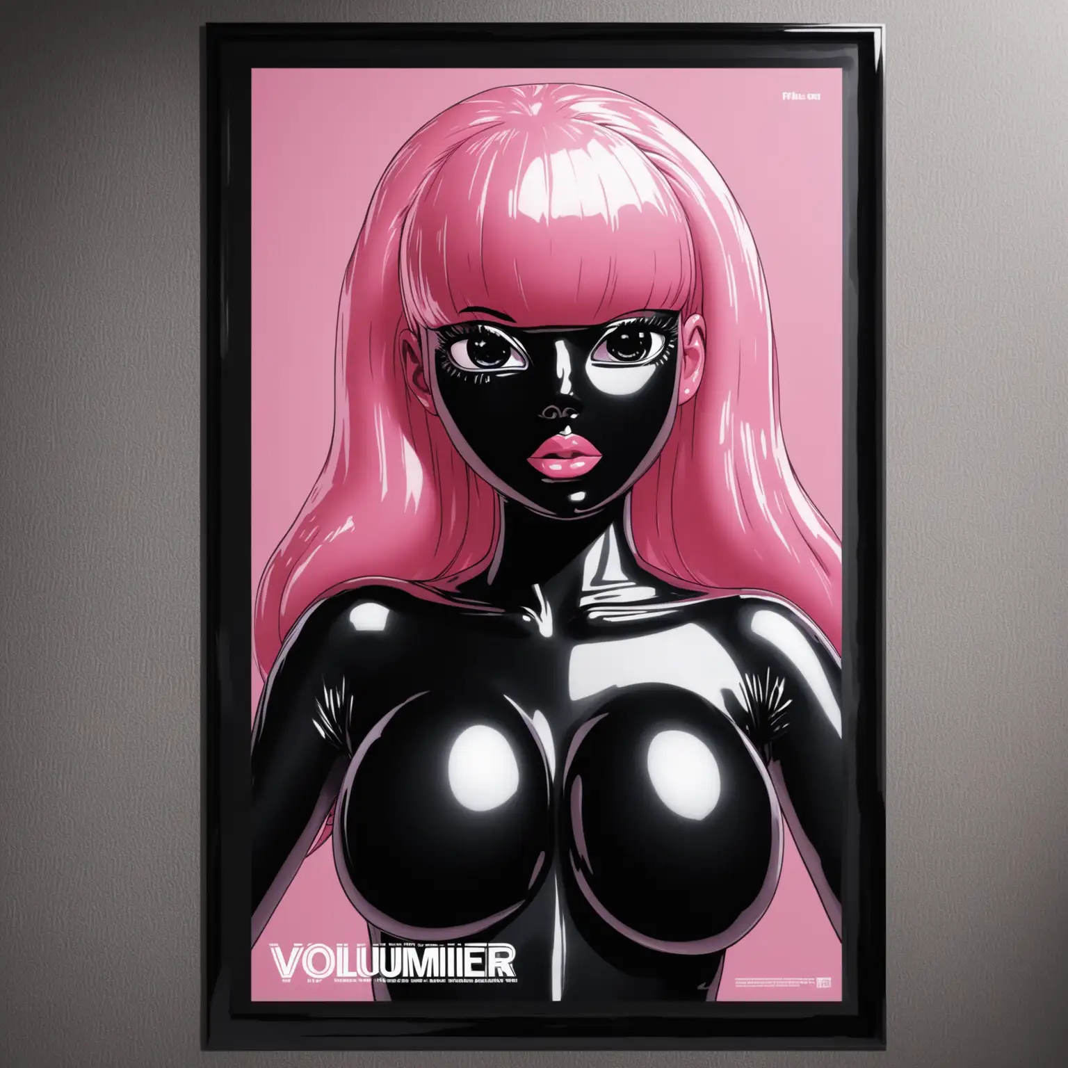 Плоский плакат висит на стене на котором изображена латексная девушка с черной латексной кожей с розовыми резиновыми волосами и черным латексным лицом. У плаката объемная грудь