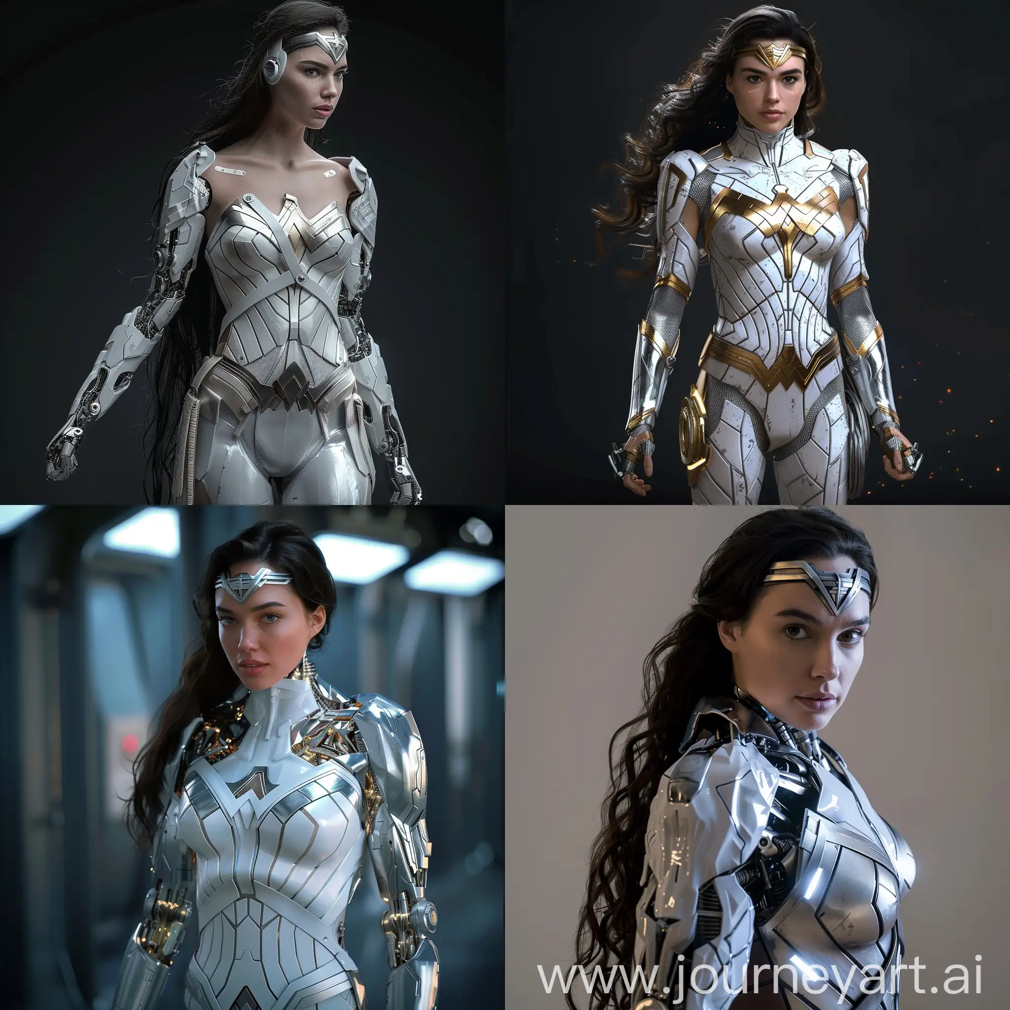 A realístic wonder woman white in cybernetic suit, cinematic