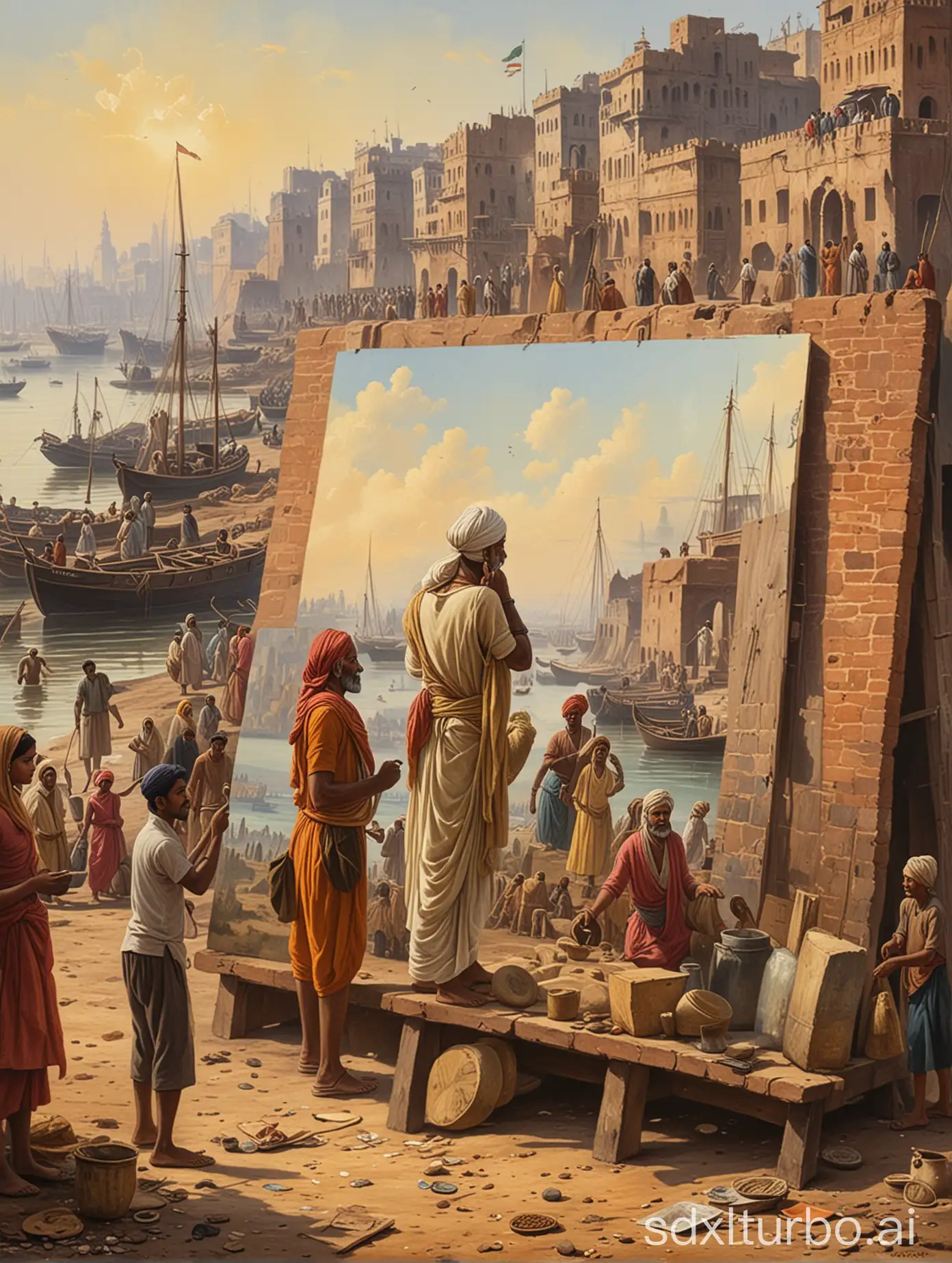 make old India looks rich from 1700, people working near port site, painting