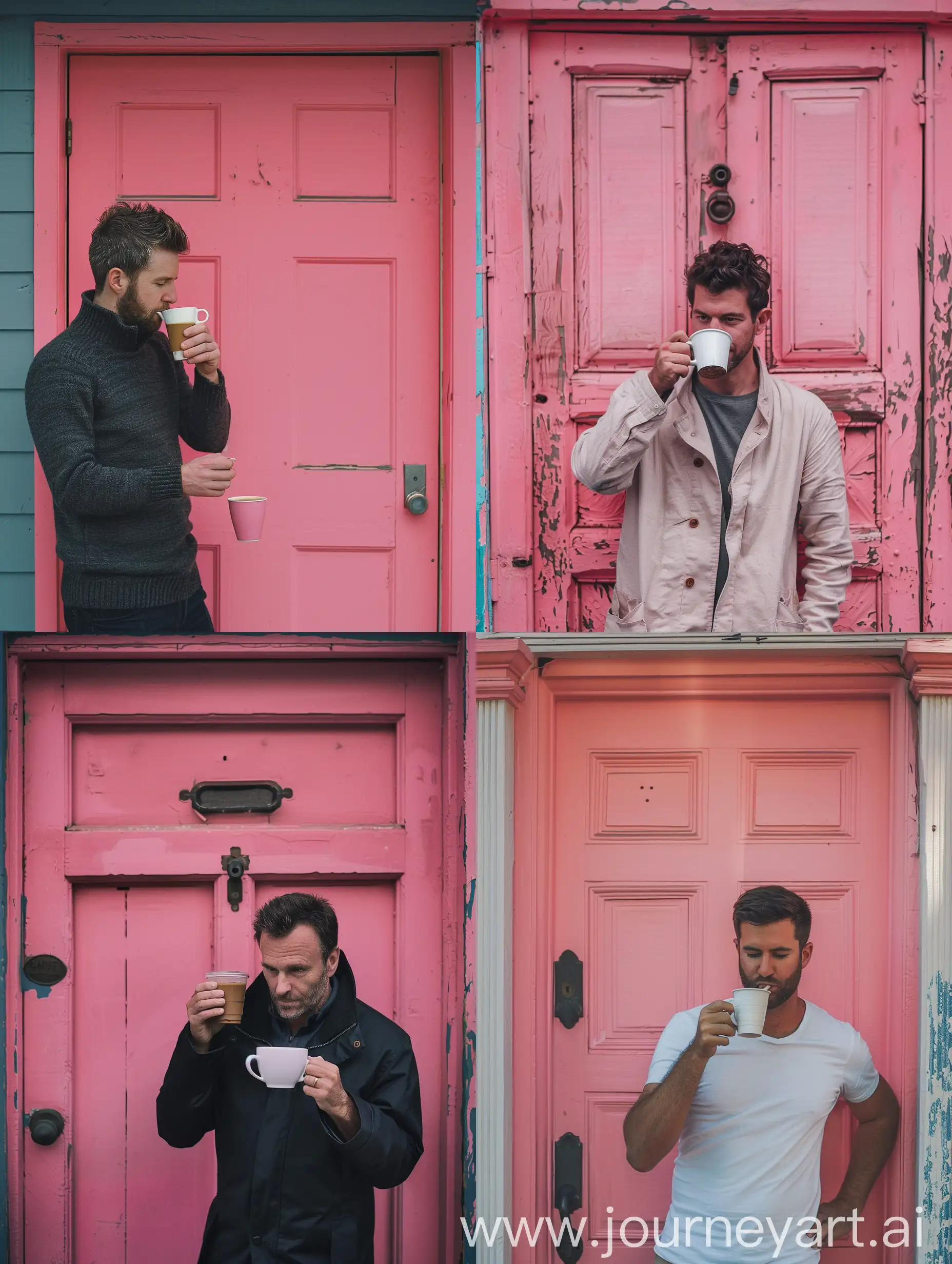 A man drink coffee on the door the color door is pink