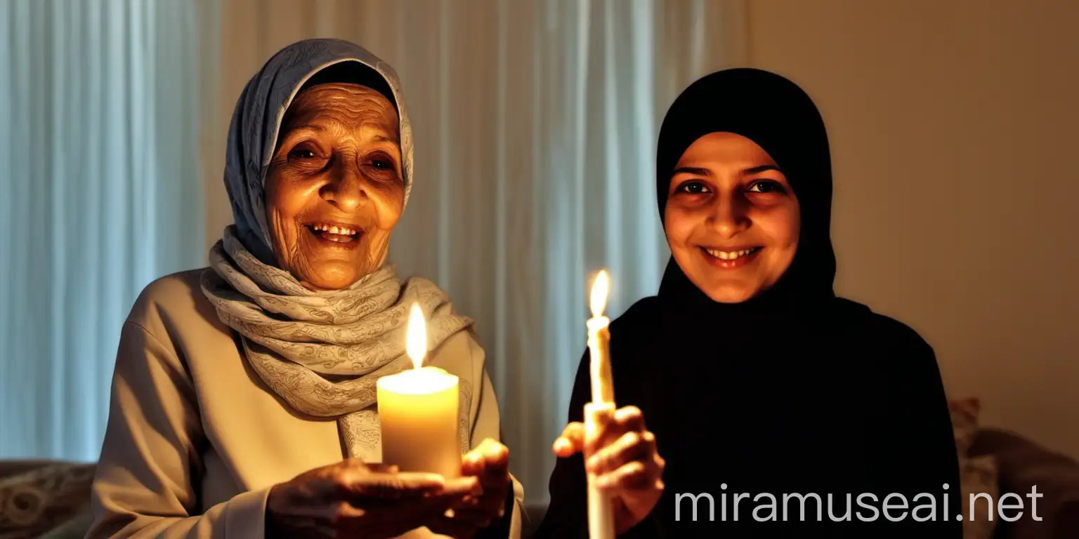 a  78 years old woman with hijab holding a candle with her ,her 47   years old daughter is there she is happy 
