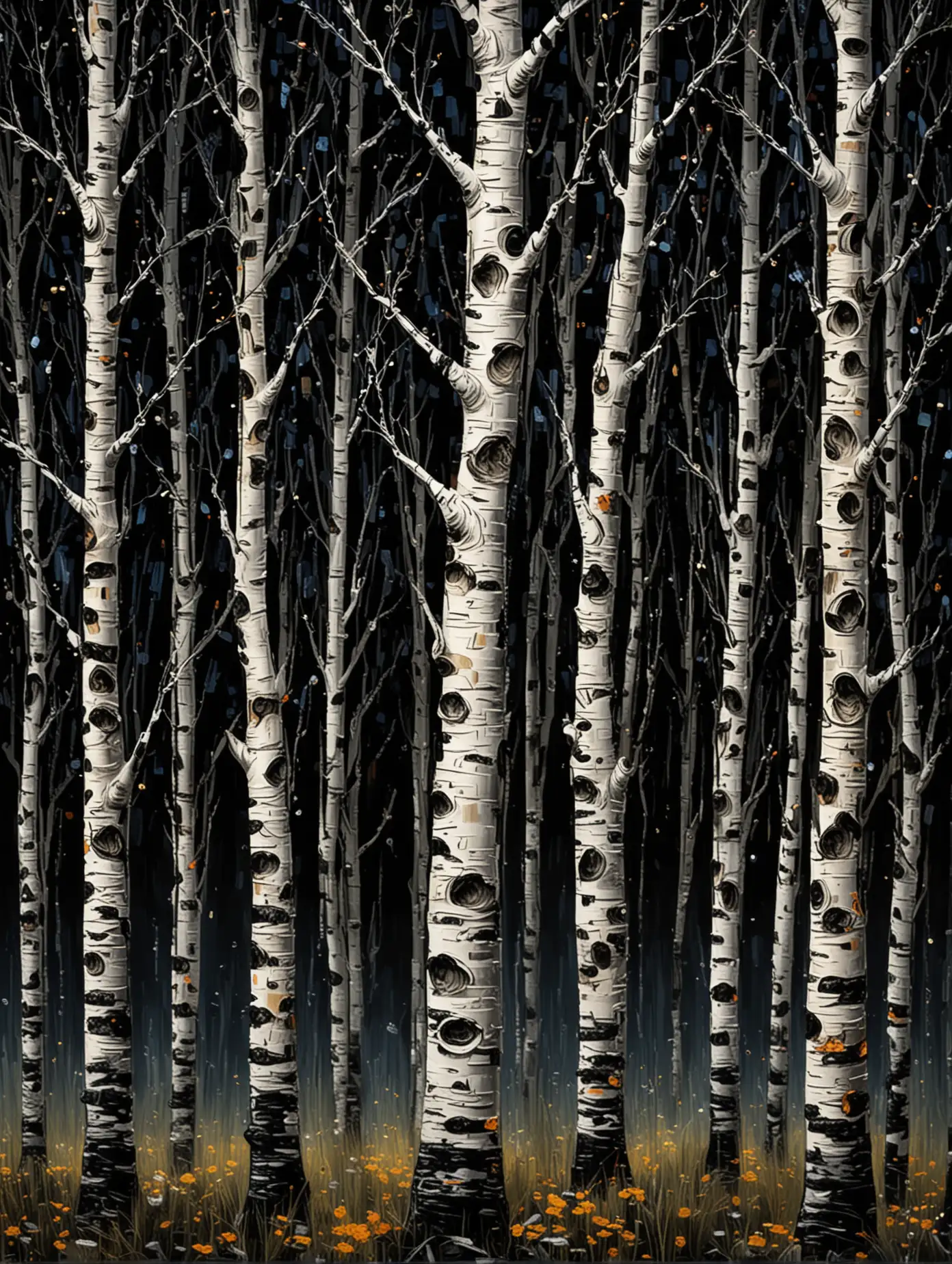Mysterious Night Birch Trees with Glowing Moonlight