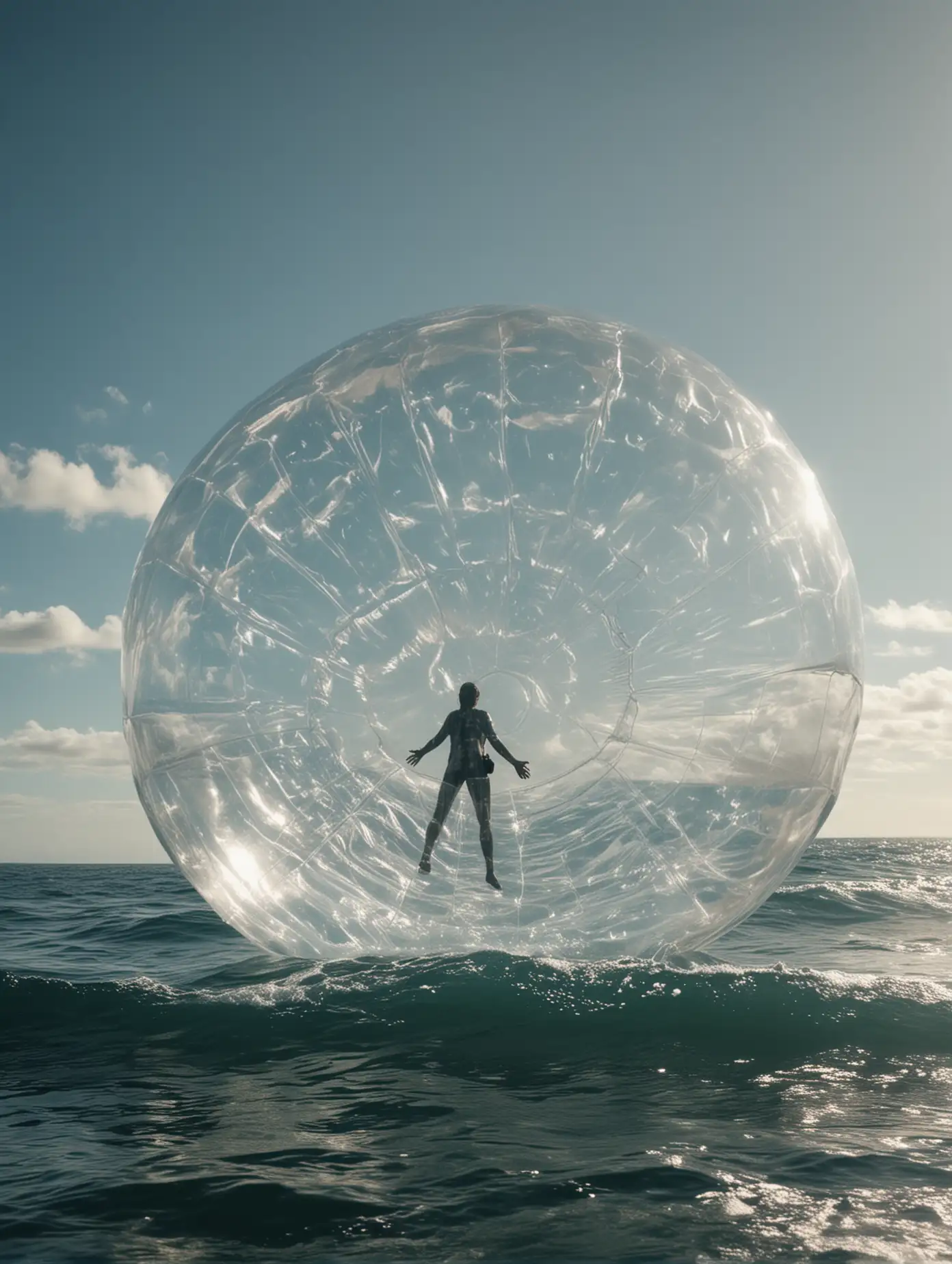 person on top of a huge transparent inflatable object, in the ocean, shoot taken from the ocean towards land, cinematic light, august
