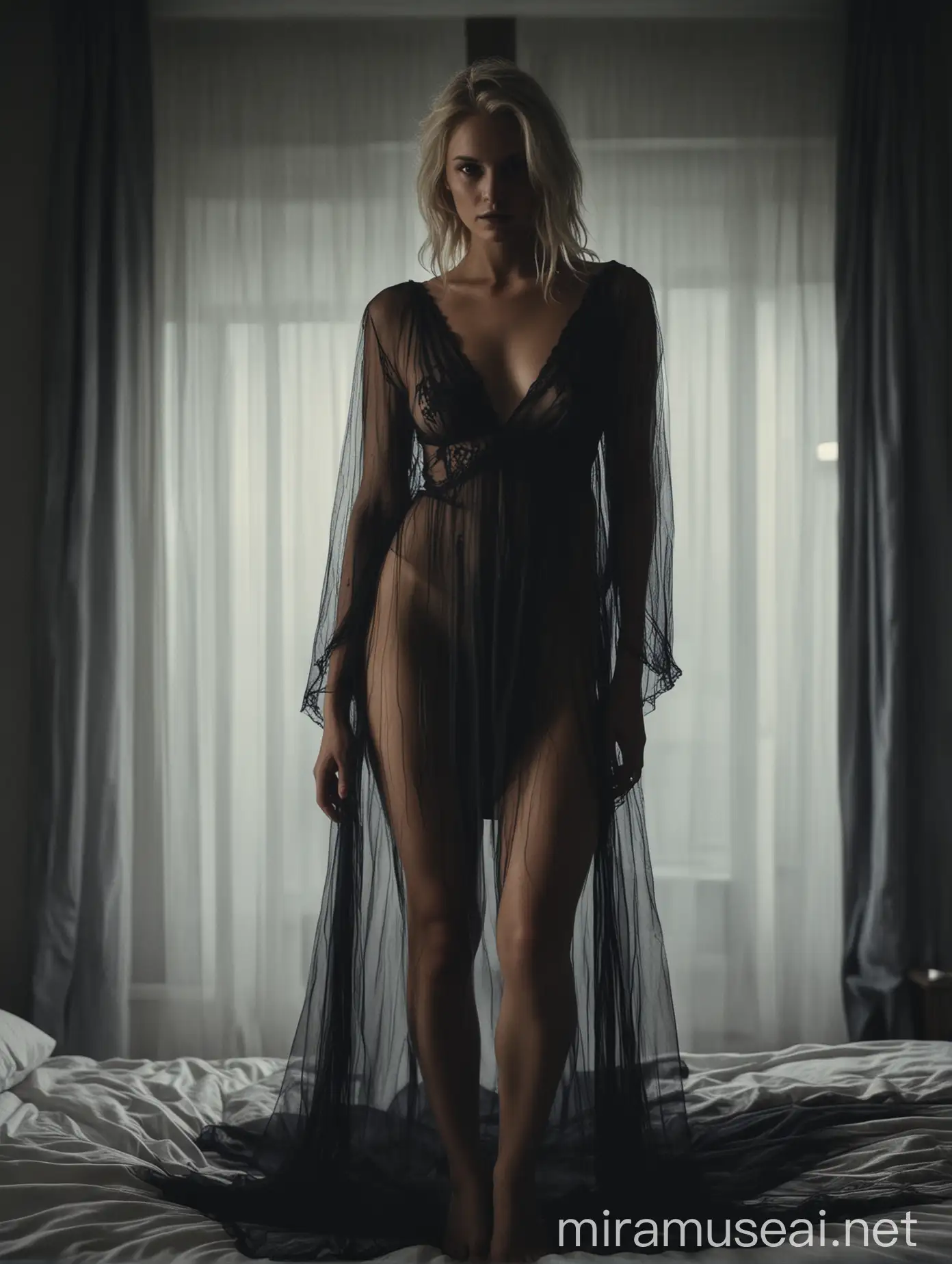Nordic Woman in Sheer Dress Cinematic and Dark Bedroom Scene