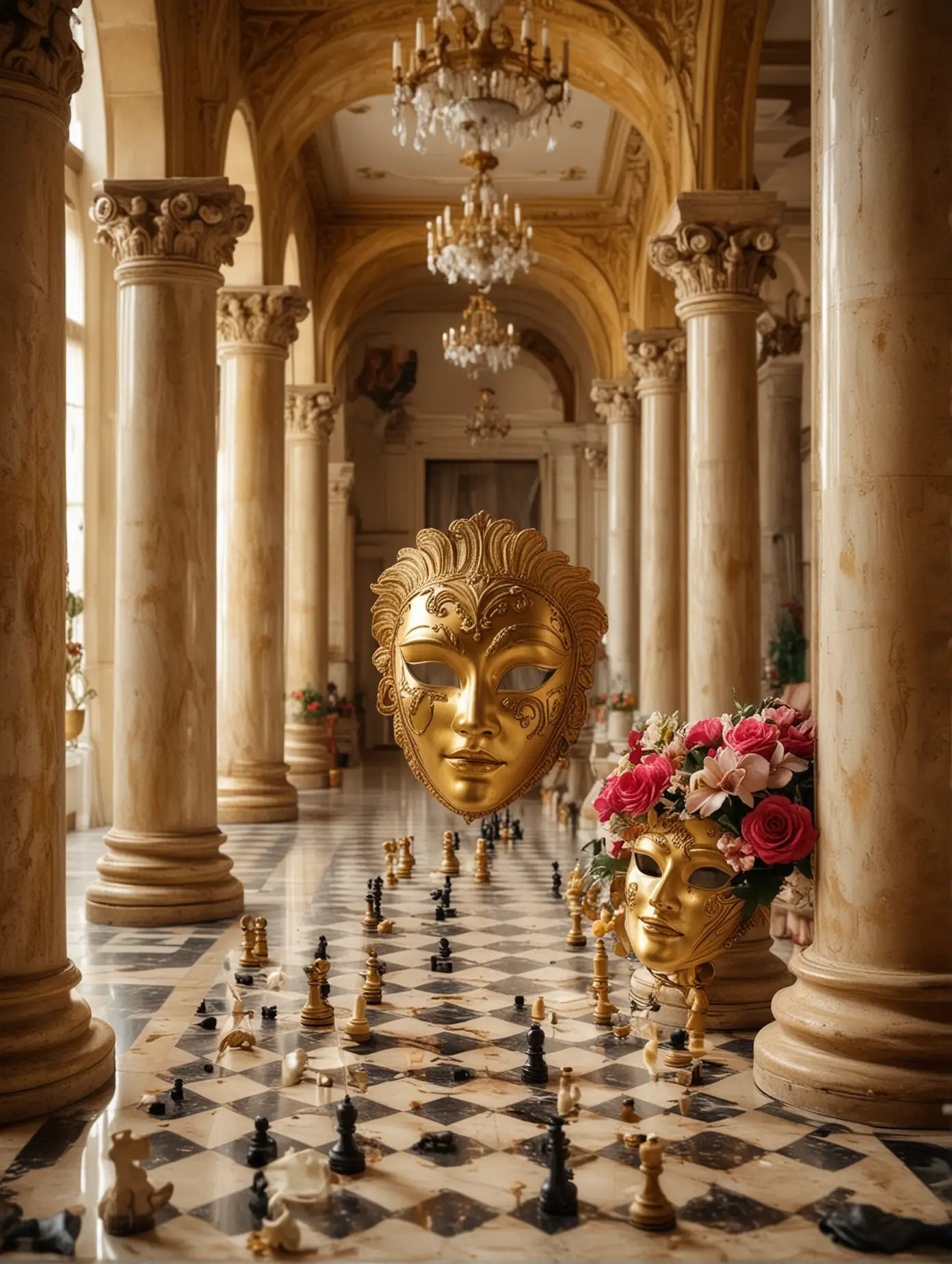 golden carnival mask and chess on the background of a luxurious hall with columns, decorated with flowers