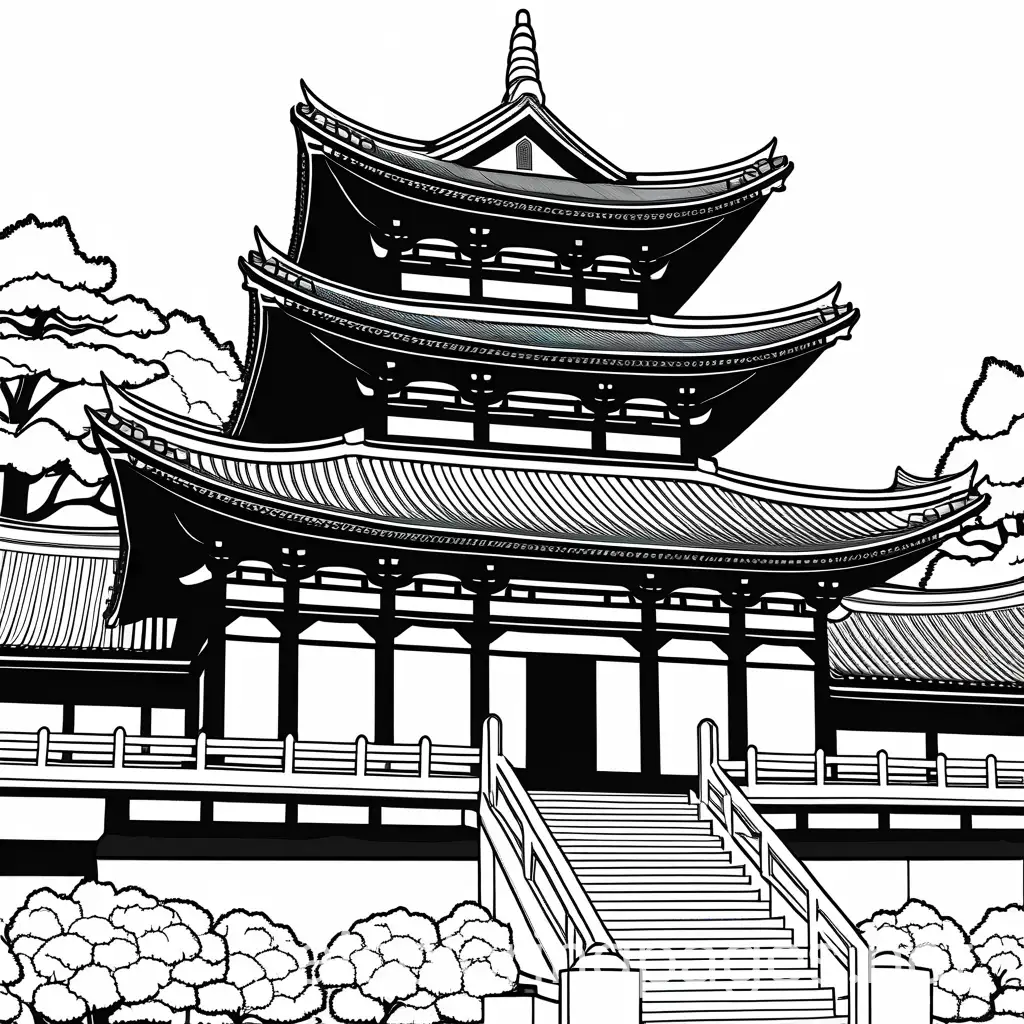 creae a coloring page of Bulguksa Temple, easy to color, Coloring Page, black and white, line art, white background, Simplicity, Ample White Space. The background of the coloring page is plain white to make it easy for young children to color within the lines. The outlines of all the subjects are easy to distinguish, making it simple for kids to color without too much difficulty