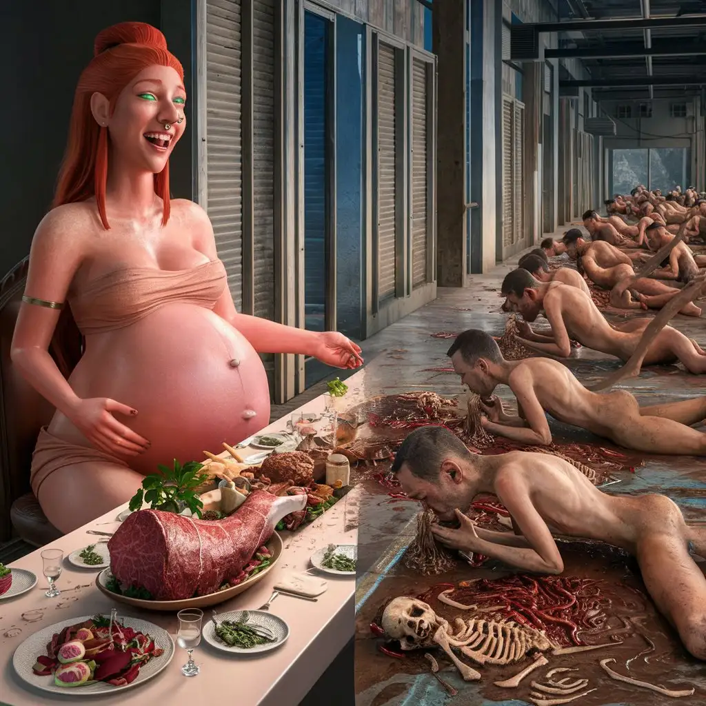 A first plan, a redhead tall beautiful women goddess with a nose piercing and a giant belly pregnant crazy laughting hard sweating and green eyes and eating only a giant luxury diner on a massive long table with full giant meat and exquise food gourmet, face to a giant closed glass window, unity 3d render, ultra realist.

A second plan, separate other side the window with a overcrowded poor very skinny men's on floor screaming anw crying, eating a liquid mud with worms bones and squeleton, unity 3d render, ultra realist.