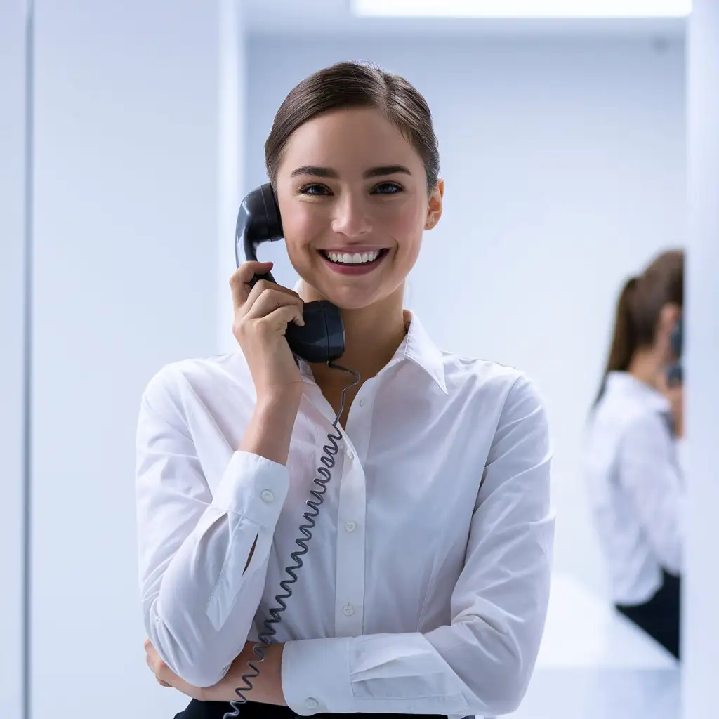 female administrator, 25 years old, holding a landline phone, white shirt, smile, white background around, photo