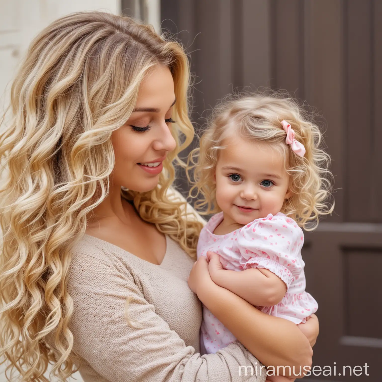 beautiful girl with blonde hair holding the hand of a little beautiful girl with dark long curly hair, house, mom and daughter