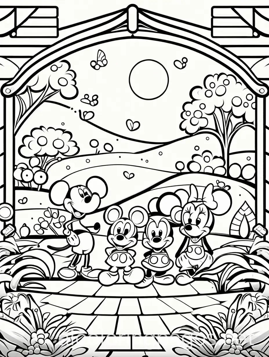 Mikey mouse and his family happy, in a garden coloring page, no colors., Coloring Page, black and white, line art, white background, Simplicity, Ample White Space. The background of the coloring page is plain white to make it easy for young children to color within the lines. The outlines of all the subjects are easy to distinguish, making it simple for kids to color without too much difficulty, Coloring Page, black and white, line art, white background, Simplicity, Ample White Space. The background of the coloring page is plain white to make it easy for young children to color within the lines. The outlines of all the subjects are easy to distinguish, making it simple for kids to color without too much difficulty