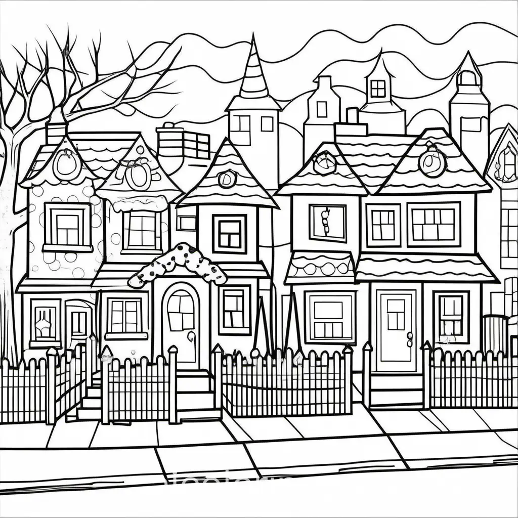 A neighborhood scene with houses elaborately decorated with lights and decorations. 2 dimension, low detail, thick lines, no shading., Coloring Page, black and white, line art, white background, Simplicity, Ample White Space. The background of the coloring page is plain white to make it easy for young children to color within the lines. The outlines of all the subjects are easy to distinguish, making it simple for kids to color without too much difficulty