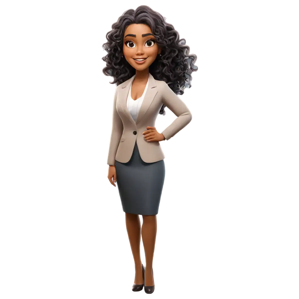 cute stylish cartoon of an Indian businesswoman with middle long curly hair and glazes zoom in picture