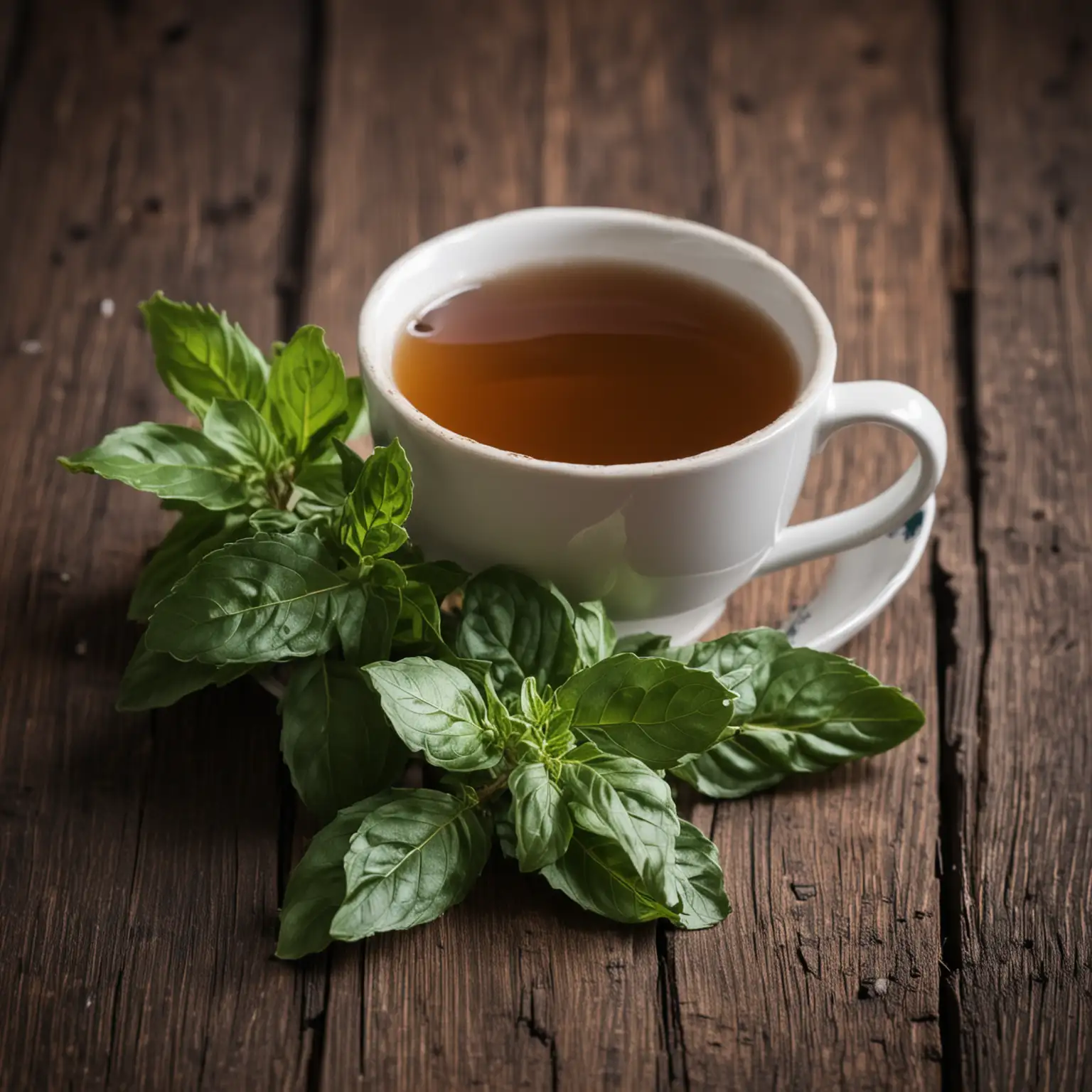 Holy Basil plant with a cup of tea on dark wooden table with selective focus