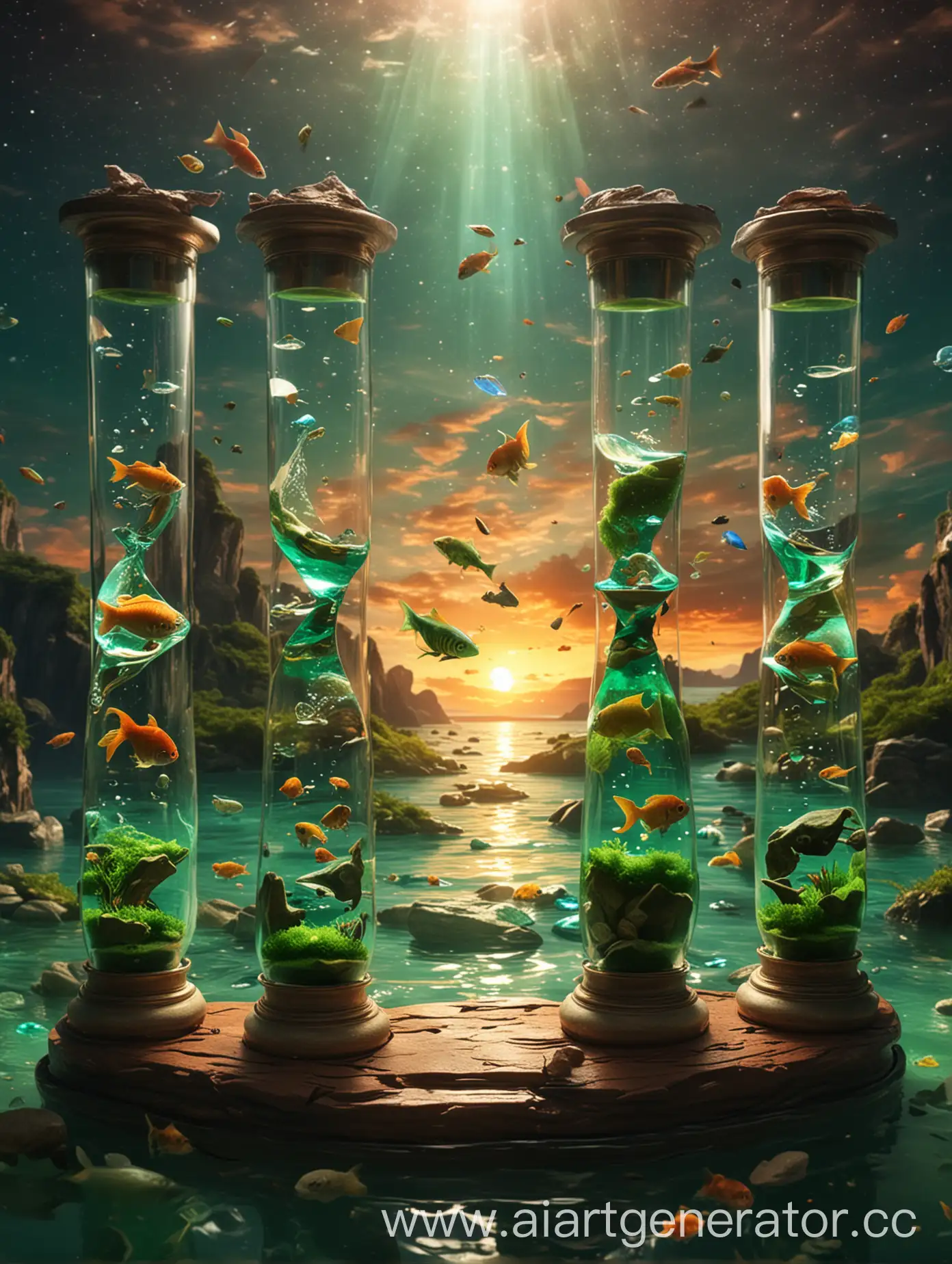 From the broken hourglasses, in space, flows a bright lively green river with exotic fish. In the top part of the hourglasses, there's a sunset, and in the bottom part, there's a sunset, inside the hourglasses their own world.