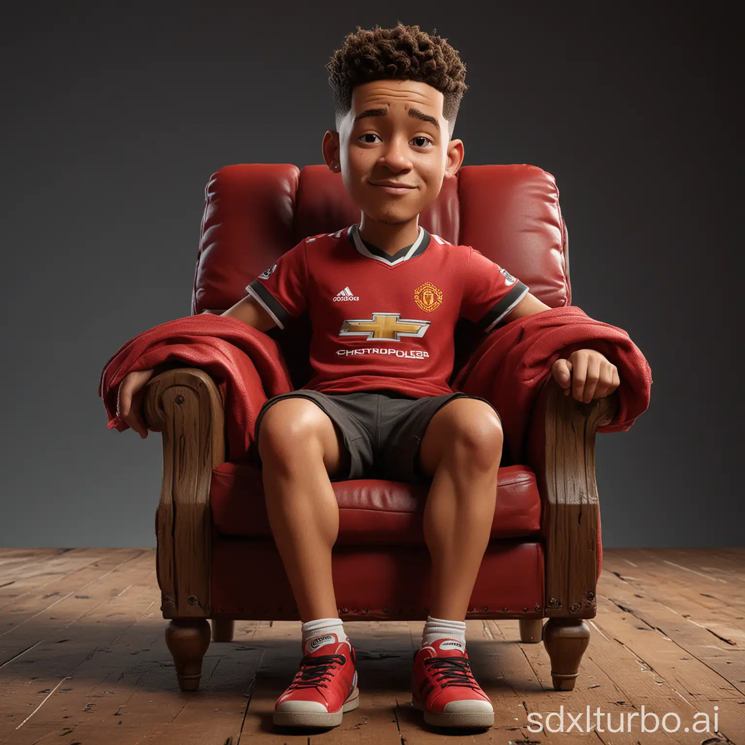 Create a realistic full body 3D Disney Pixar caricature with a large head. Jadon Sancho, is sitting relaxed in a sofa chair with a dark red wing back, the texture of the wood is clearly visible. Wearing a red t-shirt manchester united, wearing adidas shoes. The background should contrast with the color of the chairs and clothes, thereby enhancing the overall composition of the picture. Use soft photographic lighting, dramatic overhead lighting, very high image quality, clear character details, UHD, 16k.