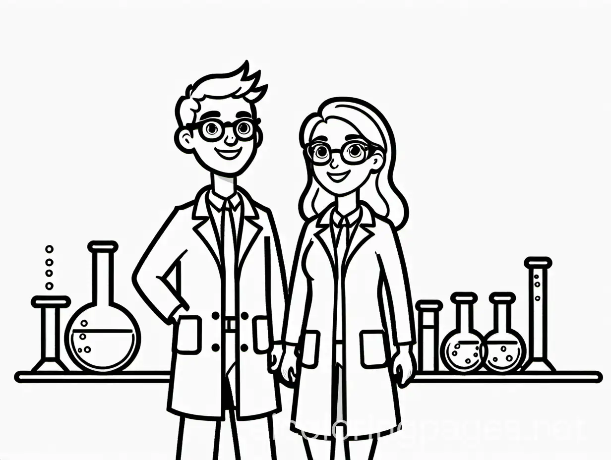  Draw a male and a female chemist, standing apart, monochrome, line art, plain backdrop, Simplicity, Ample White Space. The background of the coloring page is plain white to make it easy for young children to color within the lines. The outlines of all the subjects are easy to distinguish, making it simple for kids to color without too much difficulty.