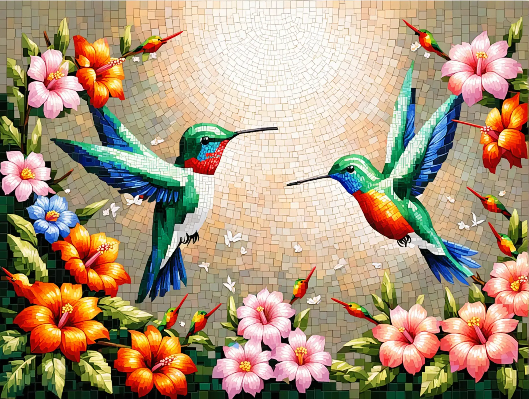 Vibrant Mosaic Painting Two Hummingbirds Amidst Flower Garden