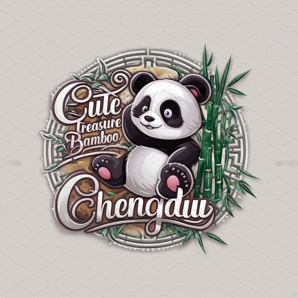 a logo design,with the text "cute, treasure, bamboo, Chengdu", main symbol:panda,complex,be used in Events industry,clear background