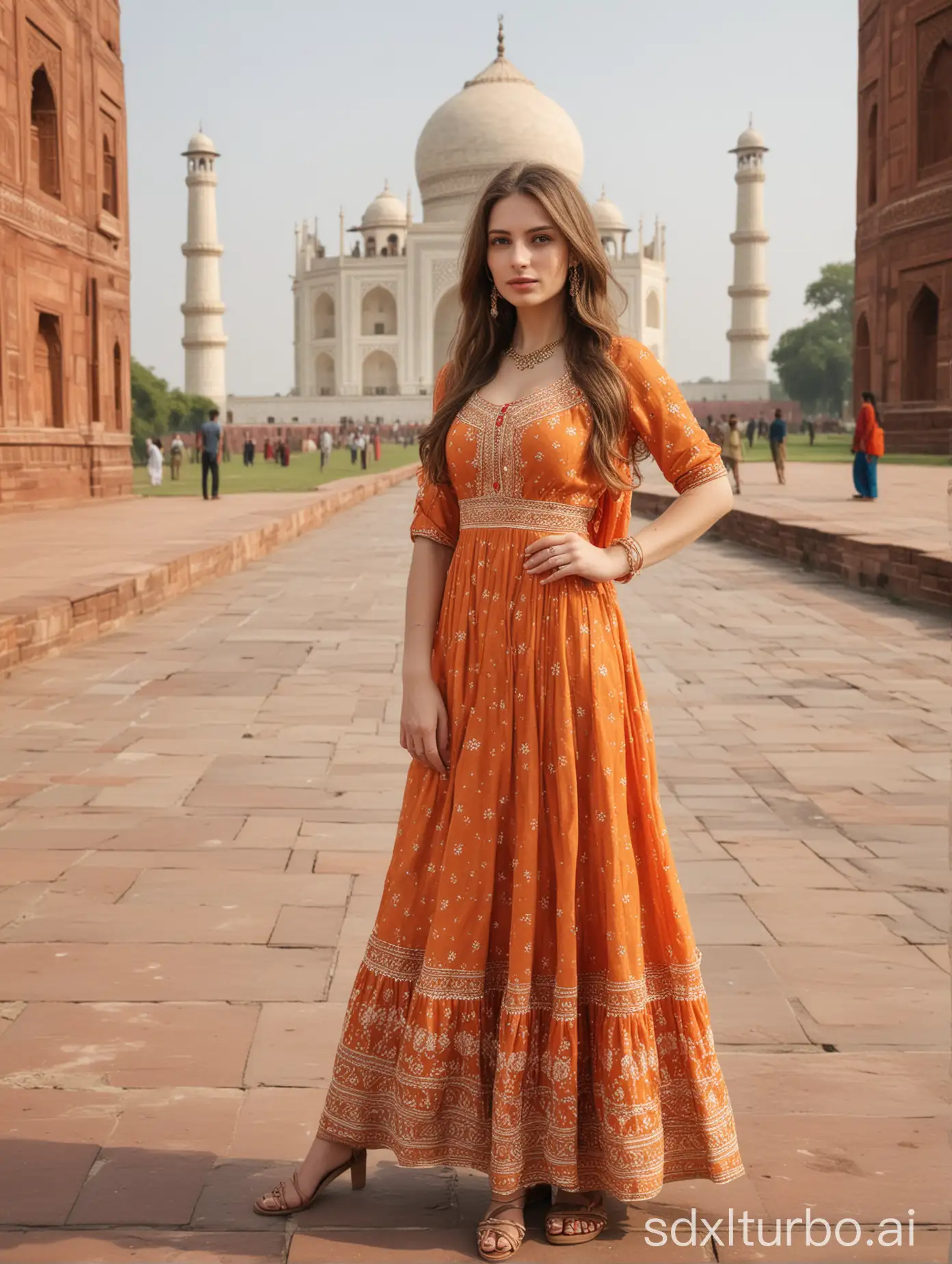 young caucasian woman, long brown hair, slim body, small breasts, orange indian dress, in front of Taj Mahal