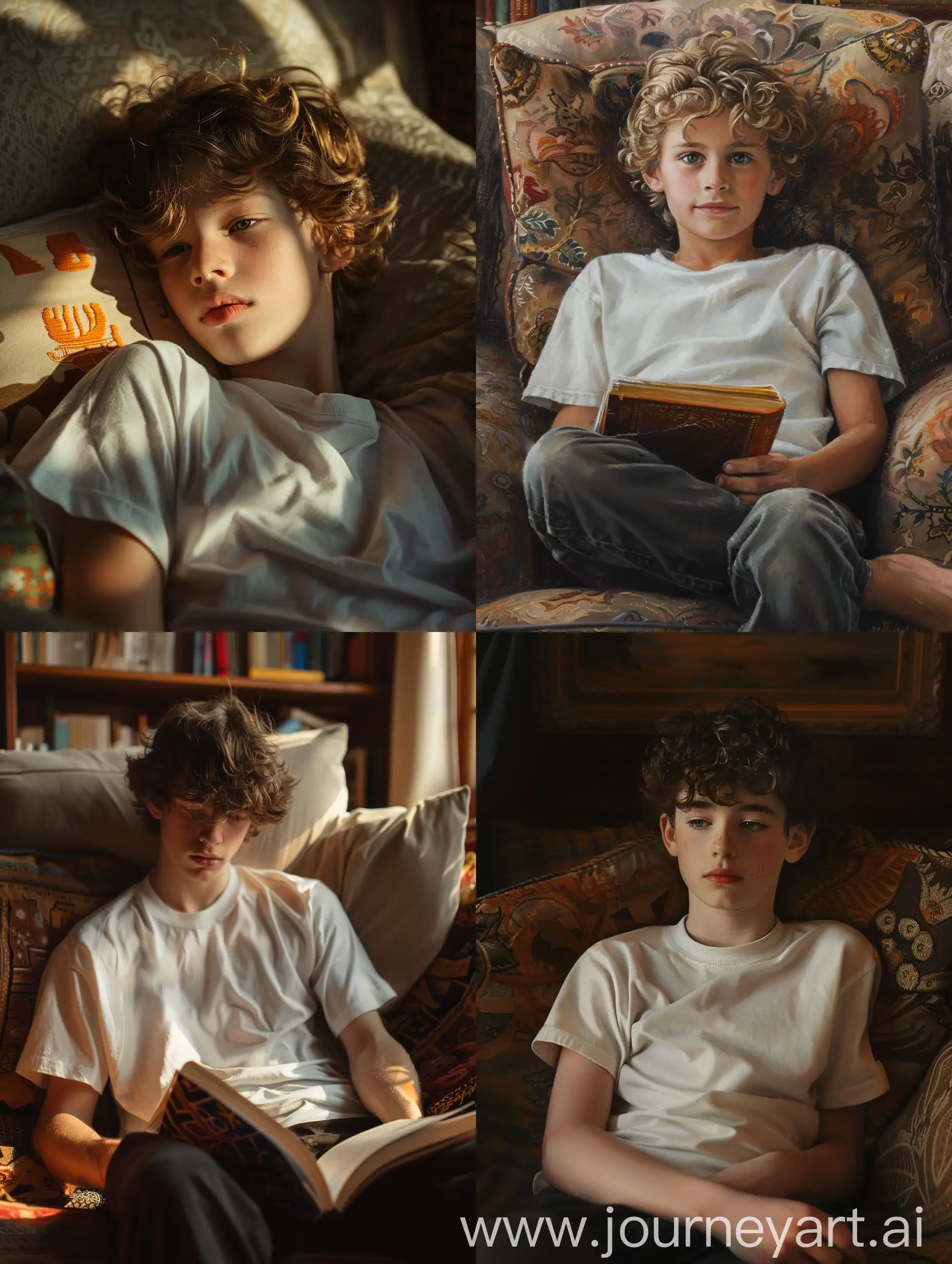 A highly realistic and detailed photo of a young boy with curly golden hair and blue eyes::3.5, wearing a white t-shirt and black pants, taken from a very distant angle, angle, reading a book, sitting on a couch at home, sunset, facial expressions::4.5, professional DSLR camera with a 200mm lens, photographed by Steve McCurry from a very distant angle, natural skin texture, vivid colors, captivating composition, joyful mood, realistic photography, high resolution, 16K quality, high accuracy, 3:4, V6.