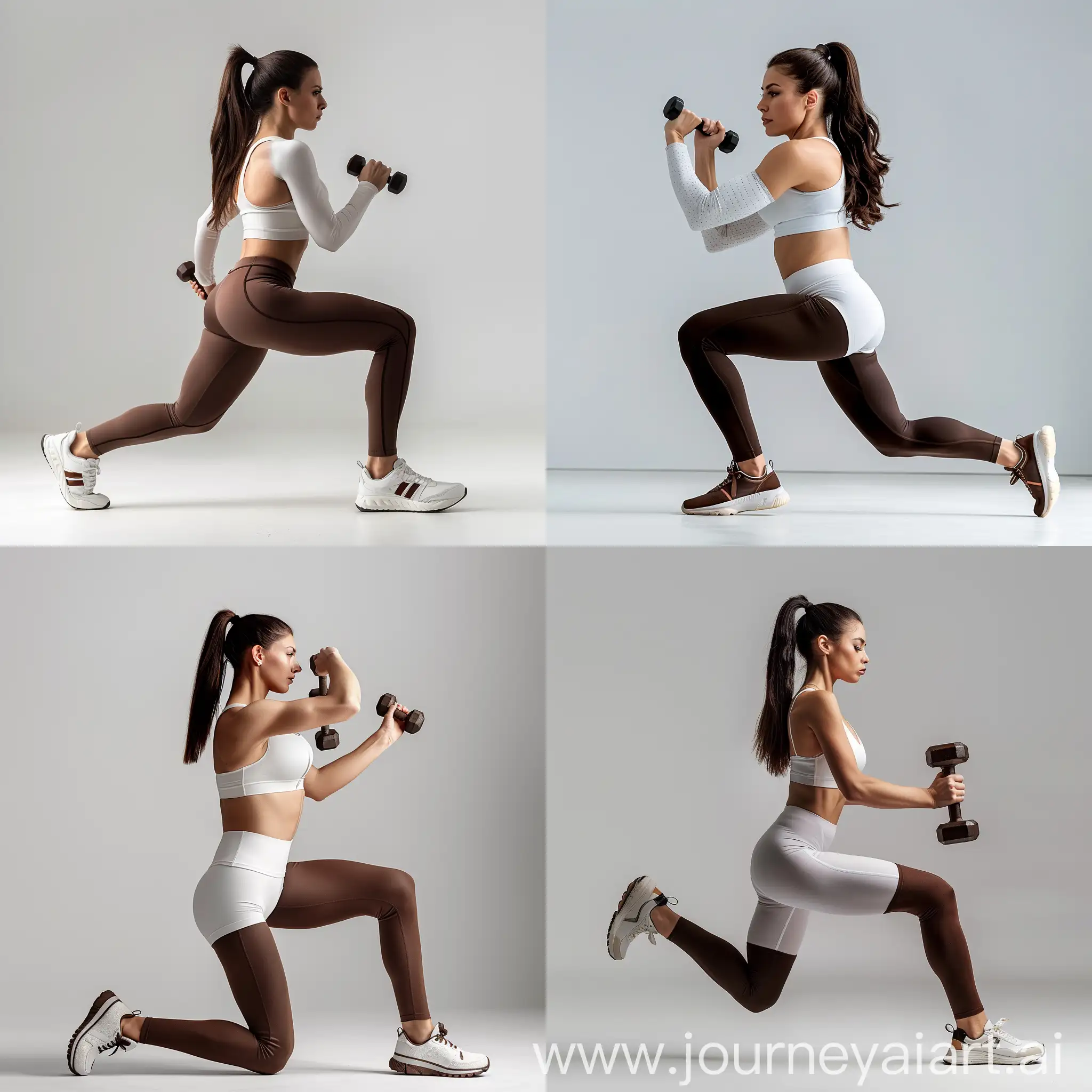 Woman with dark hair in a ponytail performs a lunge exercise holding dumbbells, wearing a white sports bra, white leggings, and white shoes. The background is a plain light grey studio scene.
arafed woman in dark brown tights and dark brown sneakers doing squats with a dumbble, fit woman, strong legs, fit girl, fit curvy physique, perfect dynamic body form, toned legs, side view of her taking steps, long shot from back, fit body, lower body, legs and arms, dynamic active running pose, fitness model, toned body 8k HD