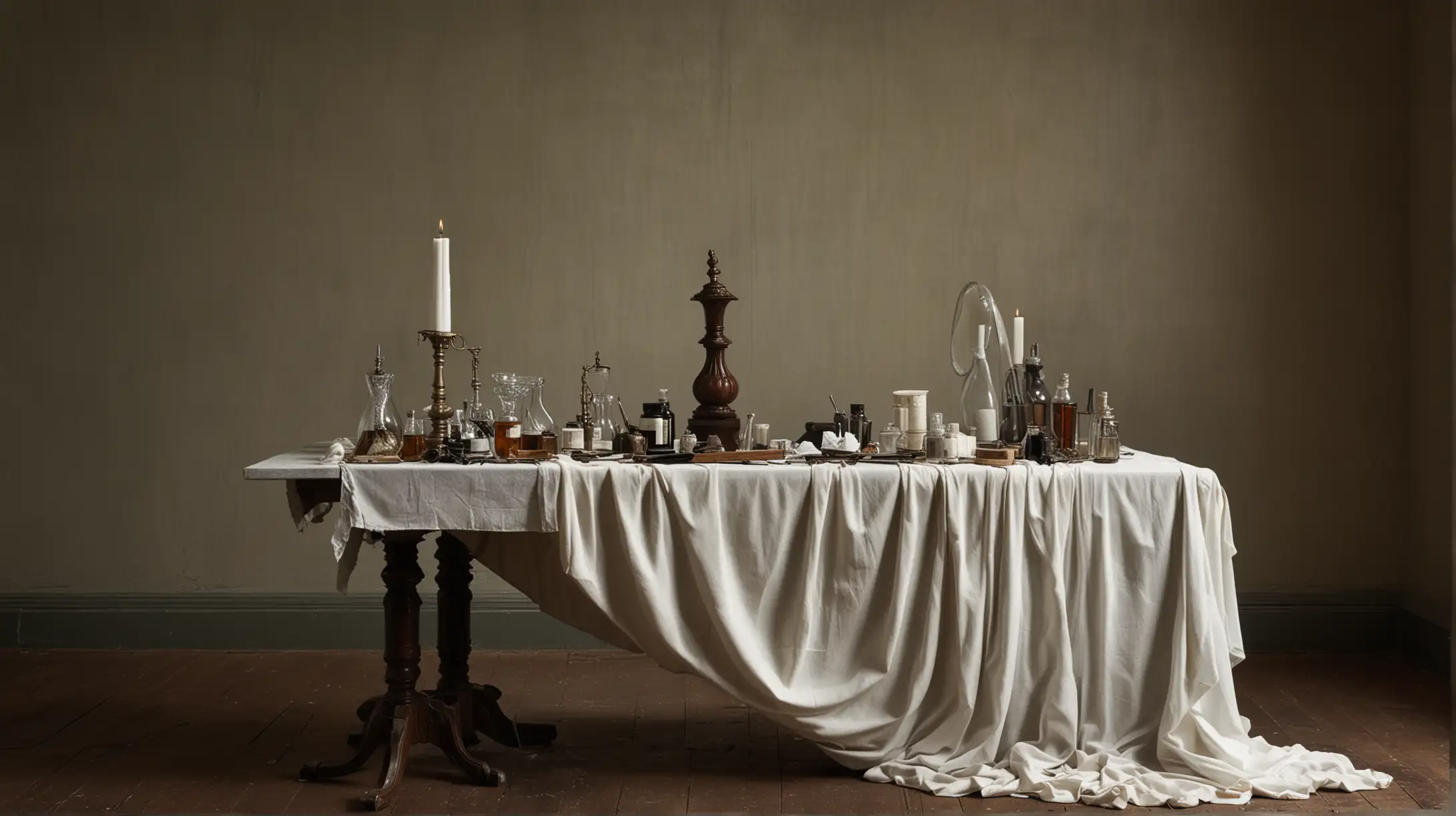 Draped Table in dramatic ennvironement with still life on it of gynecologist kit victorian setting