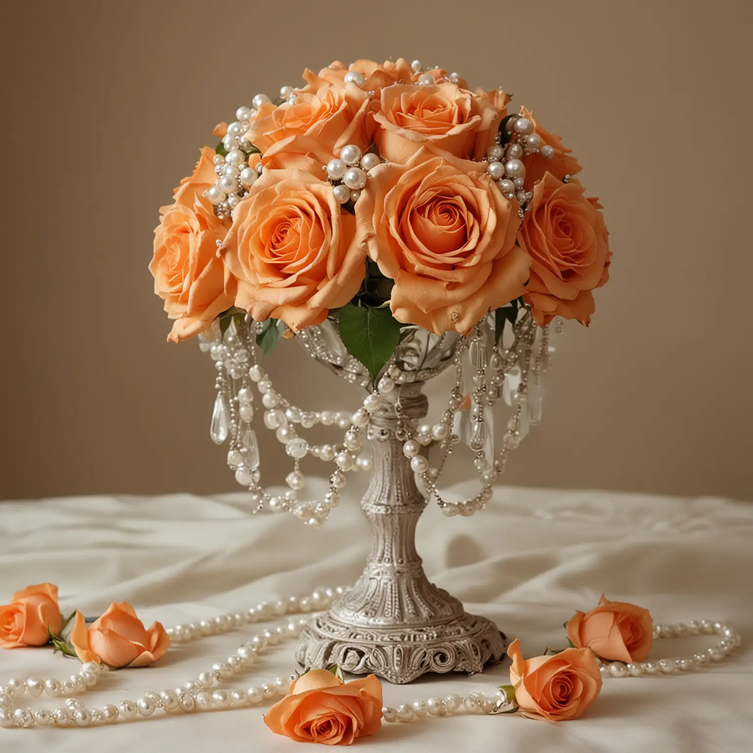 vintage wedding centerpiece with orange roses and pearls; nothing else in photo; keep the background neutral