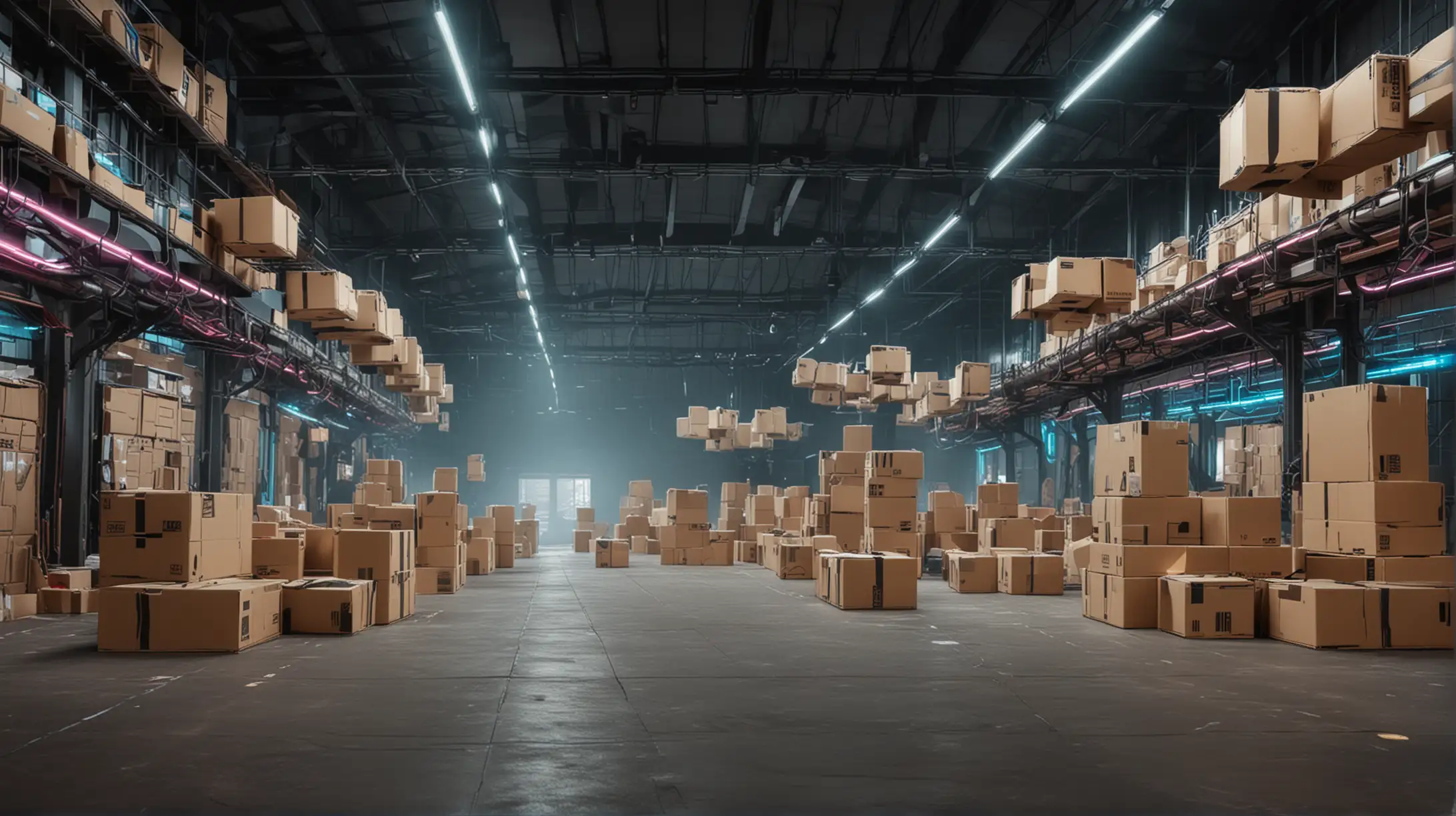 Futuristic Factory Interior with Floating Cardboard Boxes and Neon Lighting