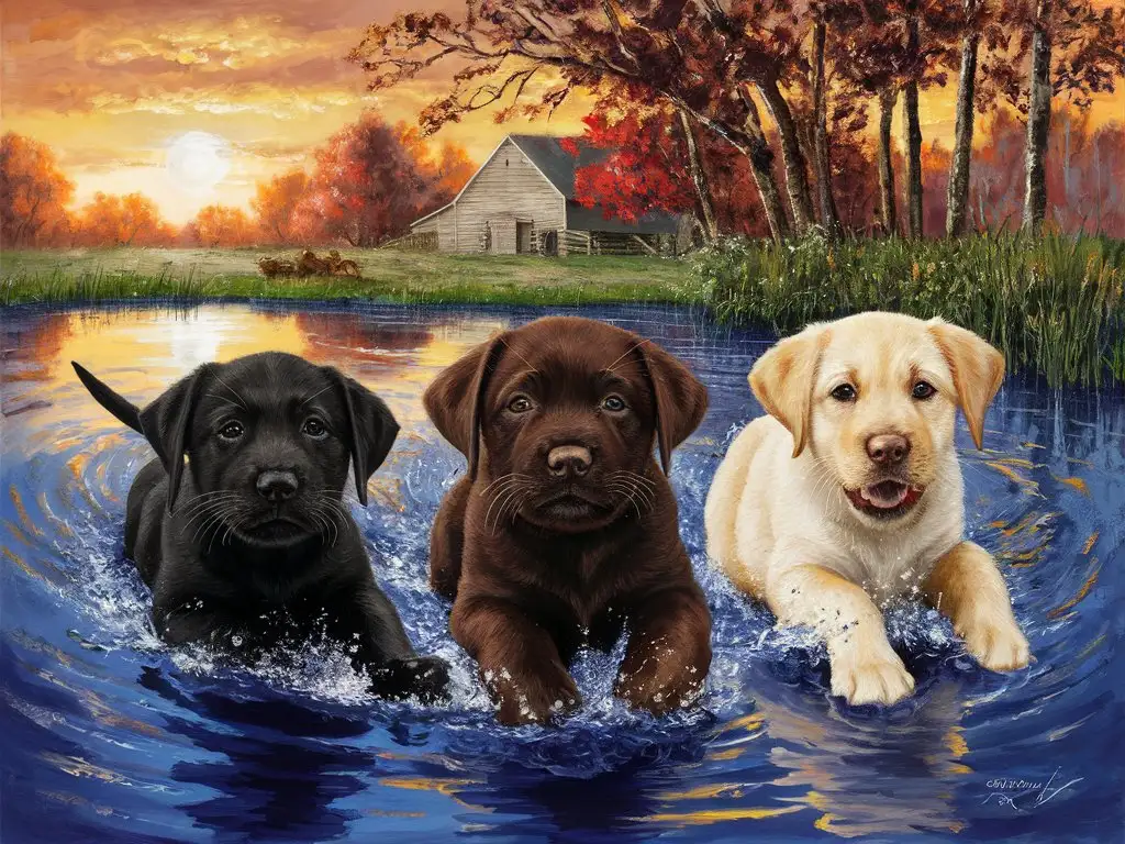 an impressionism print, late fall on a farm pond, a skillfully rendered sketch illustration of black labrador puppie, chocolate labrador puppie and yellow labrador puppie swimming, playing in water